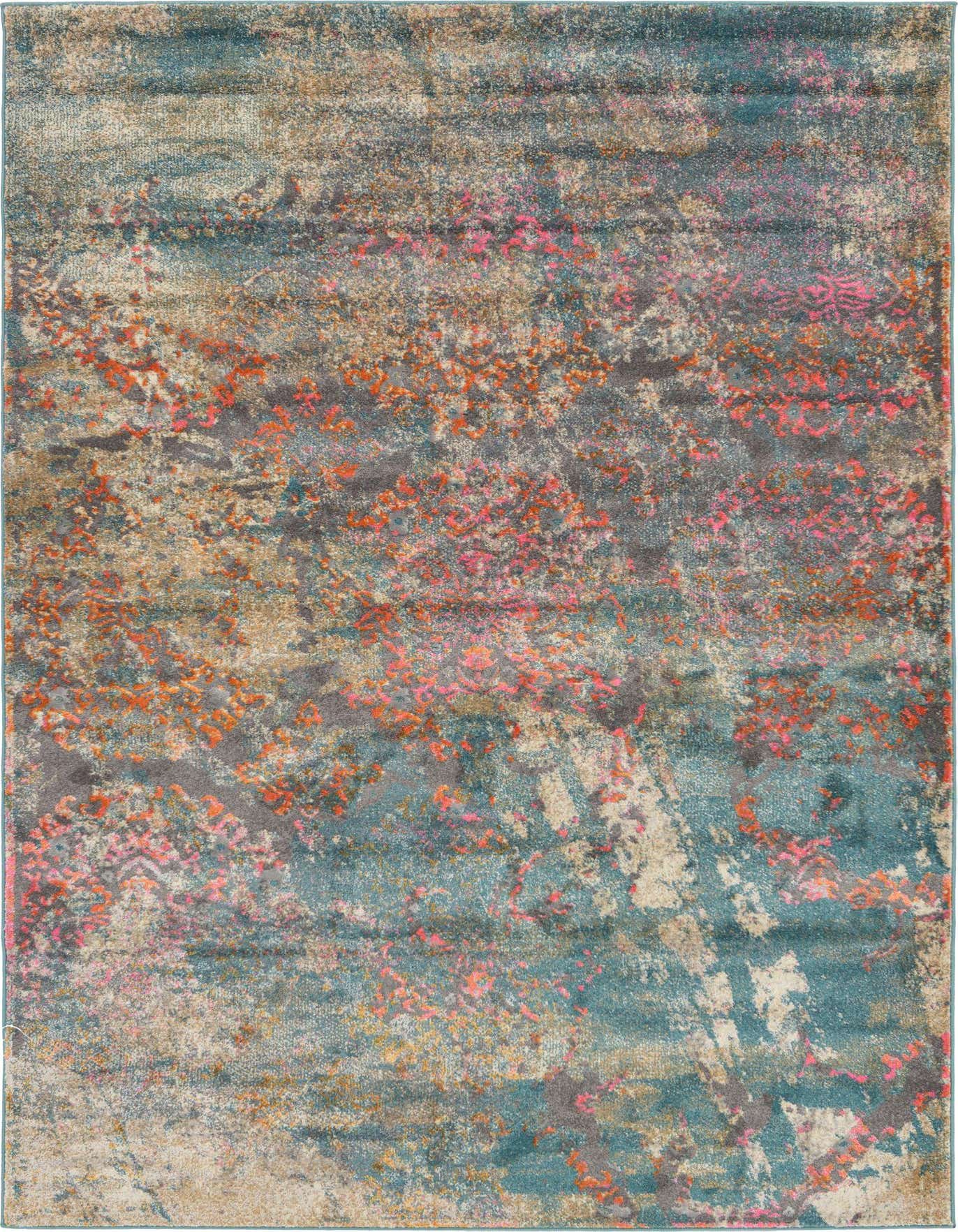A 6x9 rectangular Rugs.com Delilah rug featuring an abstract, eclectic pattern in shades of blue, orange, pink, and gray.