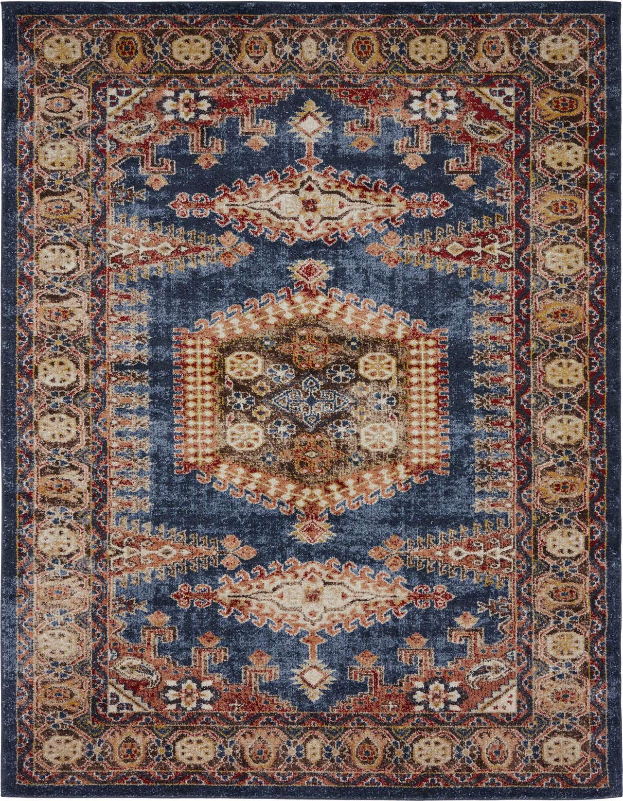 A 5x8 rectangular Eden collection rug featuring a distressed bohemian medallion pattern in shades of blue, red, and beige.