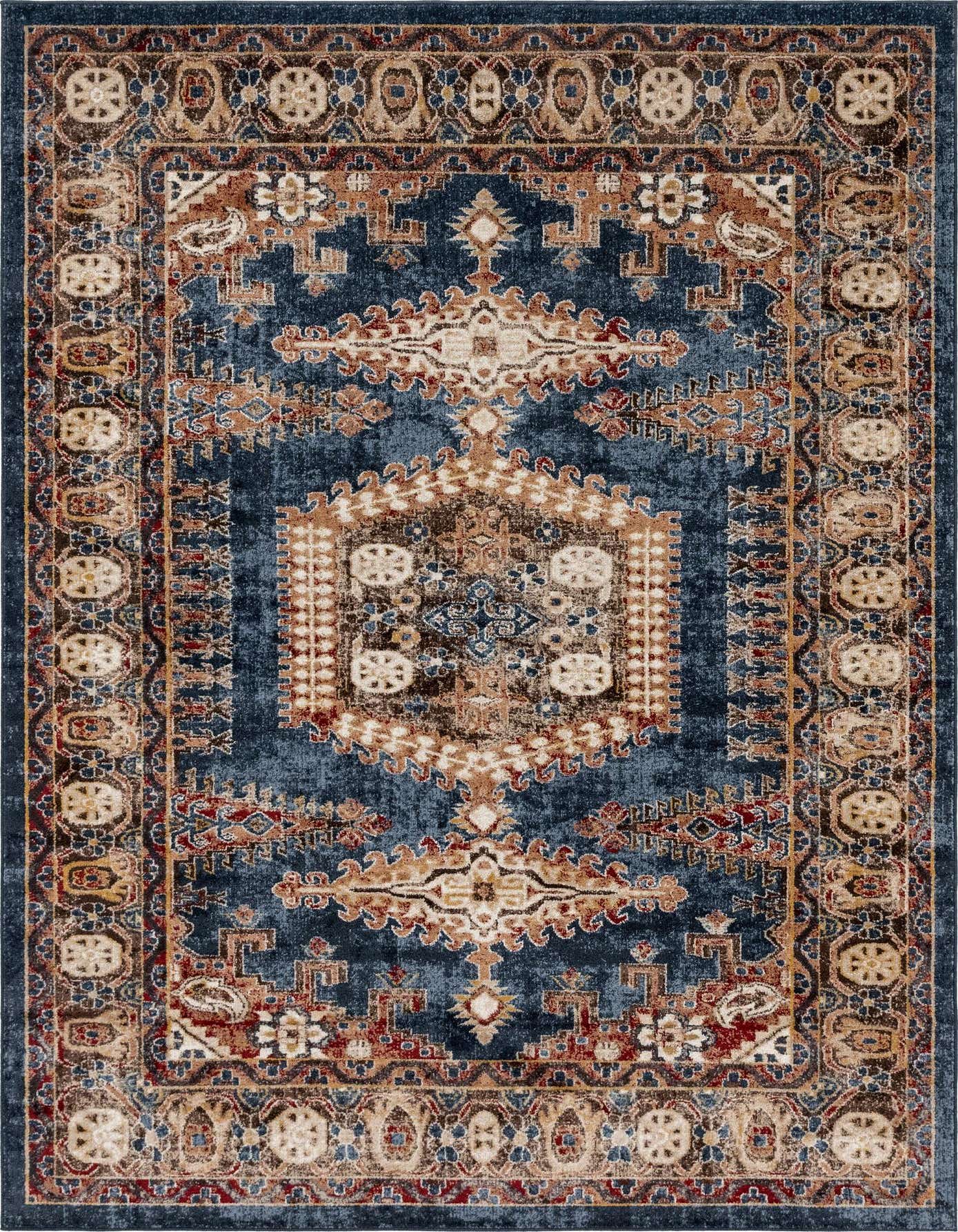 A 7x10 rectangular Eden collection rug featuring a distressed blue background with traditional tribal patterns in brown, beige, and red.