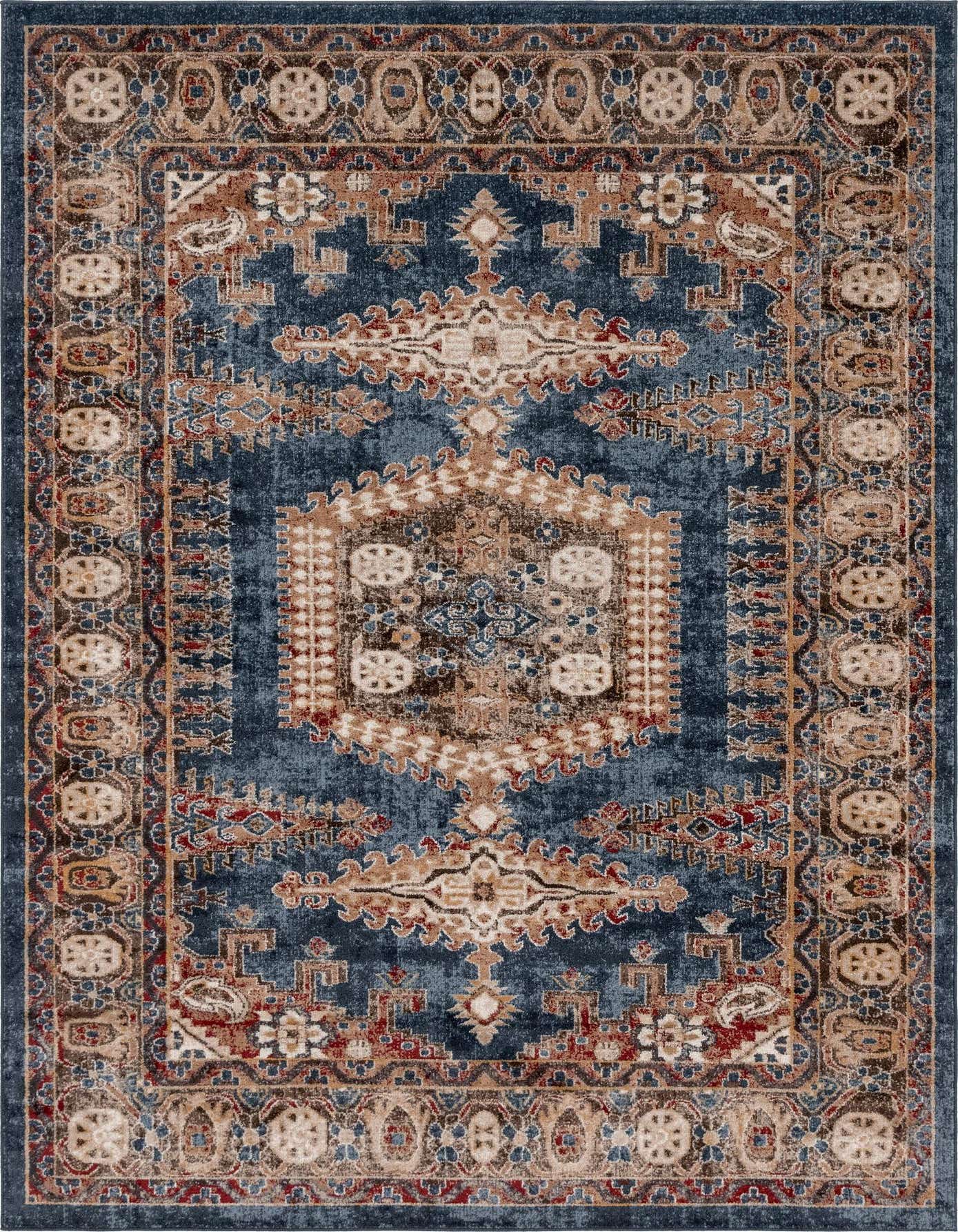 A 6x9 rectangular Eden Collection rug featuring a distressed blue field with traditional medallion and tribal patterns in beige, brown, and red.