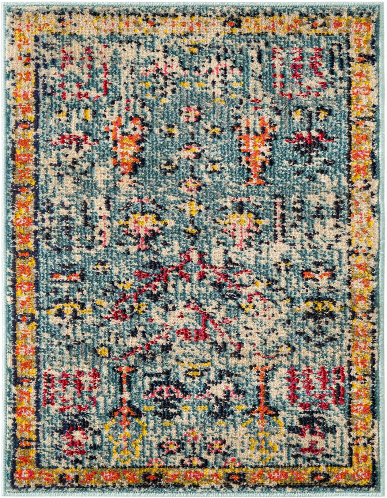 A 2x3 rectangular El Paso rug with a distressed Bohemian pattern in shades of blue, cream, red, and yellow, ideal for an entryway.