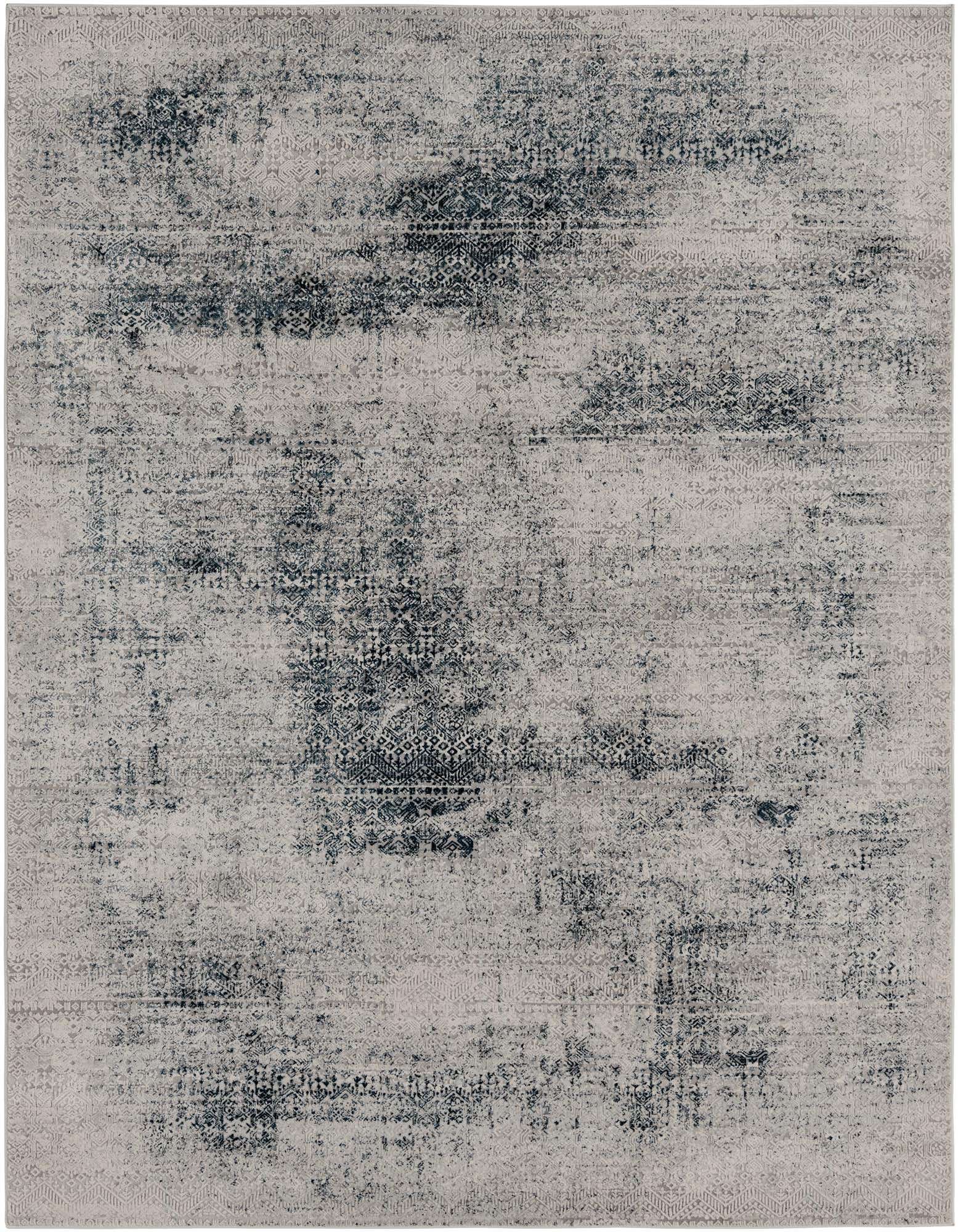 An 8x10 rectangular Finsbury area rug featuring a modern, distressed pattern in varying shades of blue and light gray.