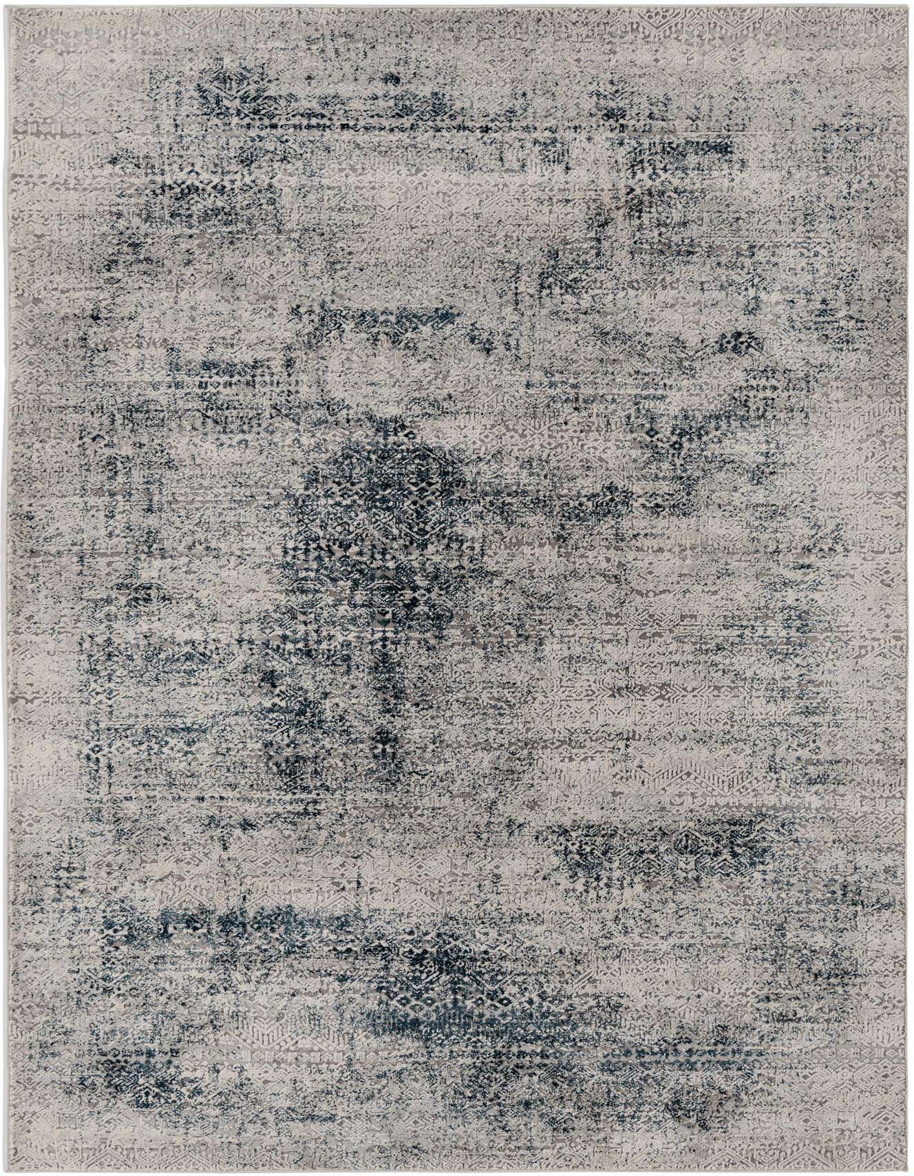 A 5x8 rectangular Finsbury rug from Rugs.com, featuring a modern distressed pattern in varying shades of blue and grey.