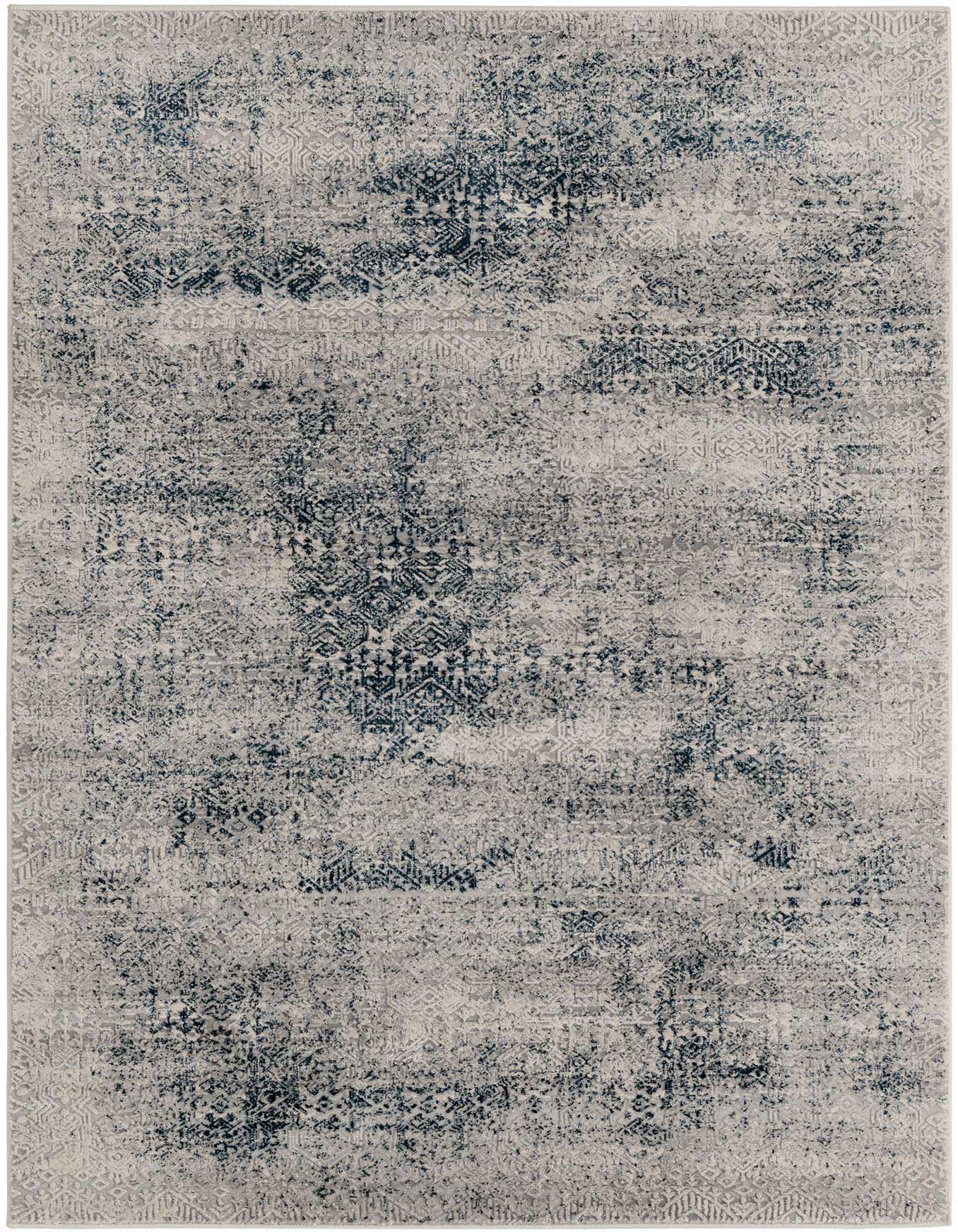 A 4x6 rectangular Finsbury rug featuring a modern, distressed pattern in varying shades of blue and light gray, with a high/low textured pile.