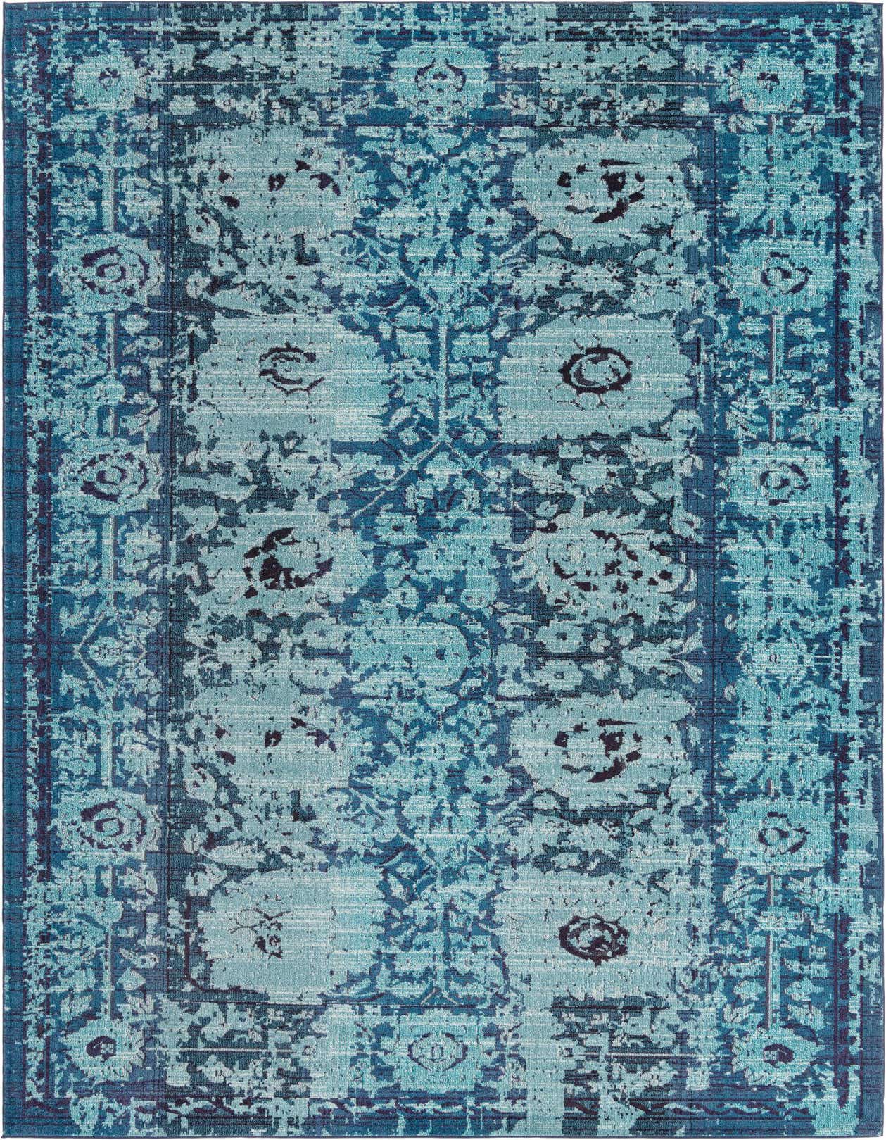A rectangular Rugs.com Fleur Palace rug in varying shades of blue, featuring a distressed bohemian floral pattern with a traditional border.