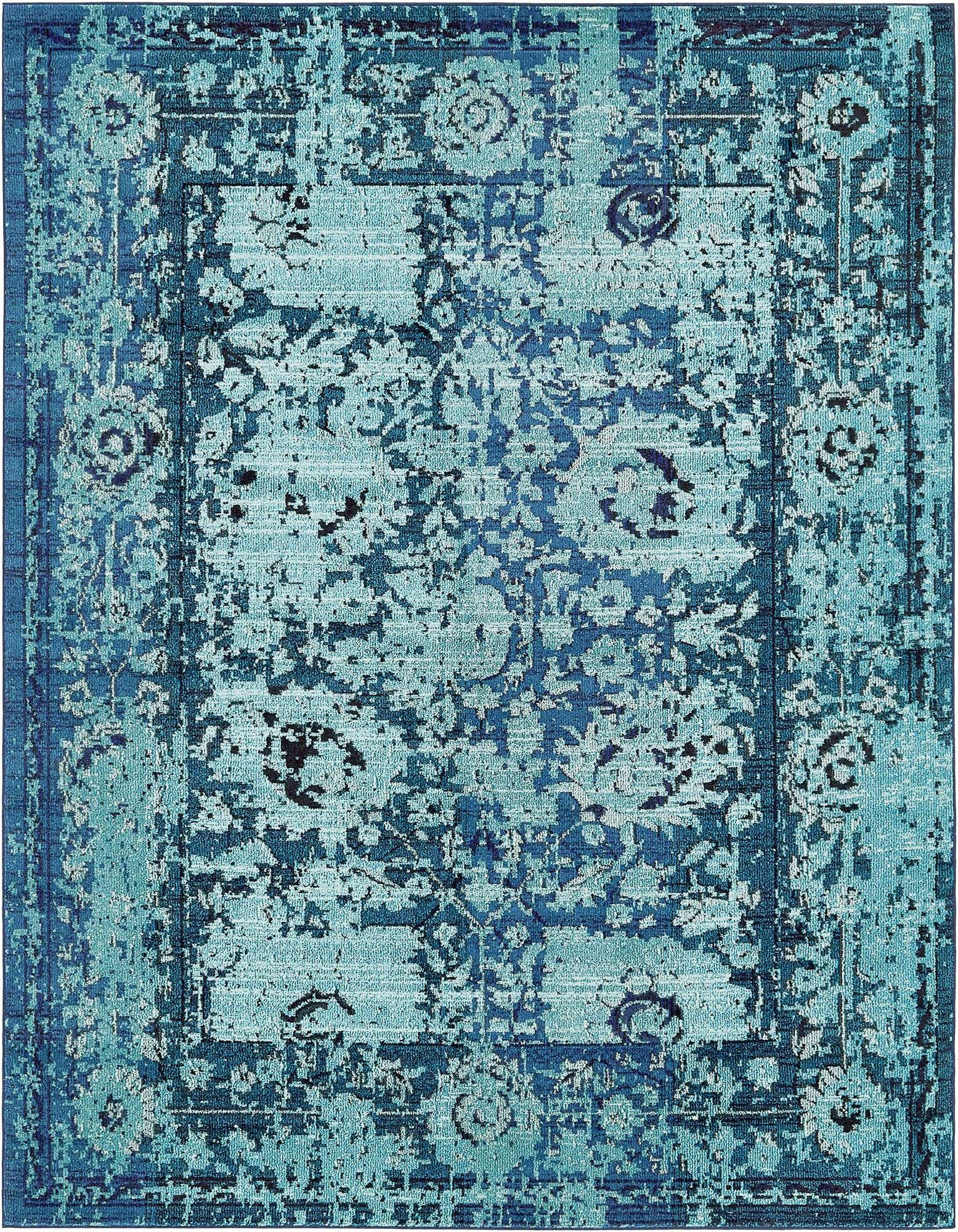 An 8x10 rectangular Fleur collection rug featuring a distressed bohemian floral pattern in shades of blue.