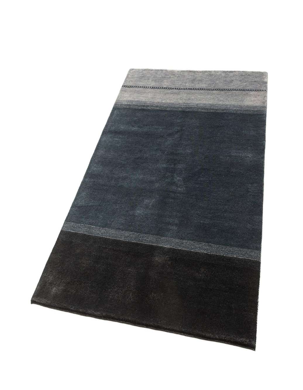 A 4x6 rectangular Gabbeh rug featuring a modern striped design in varying shades of blue, from light to dark.