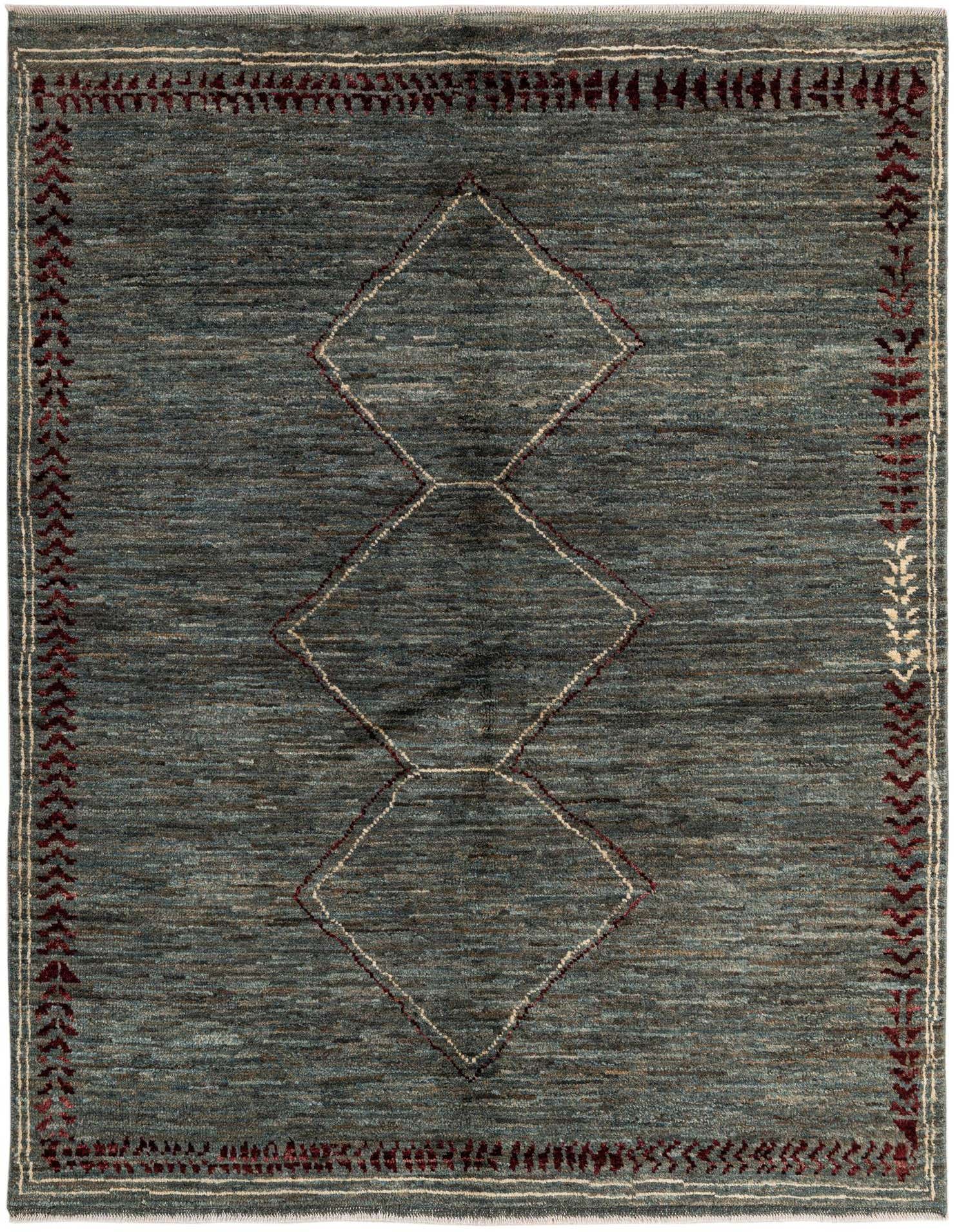 A 5x7 rectangular blue Gabbeh rug featuring a modern design with three connected diamond shapes in the center and a decorative border.
