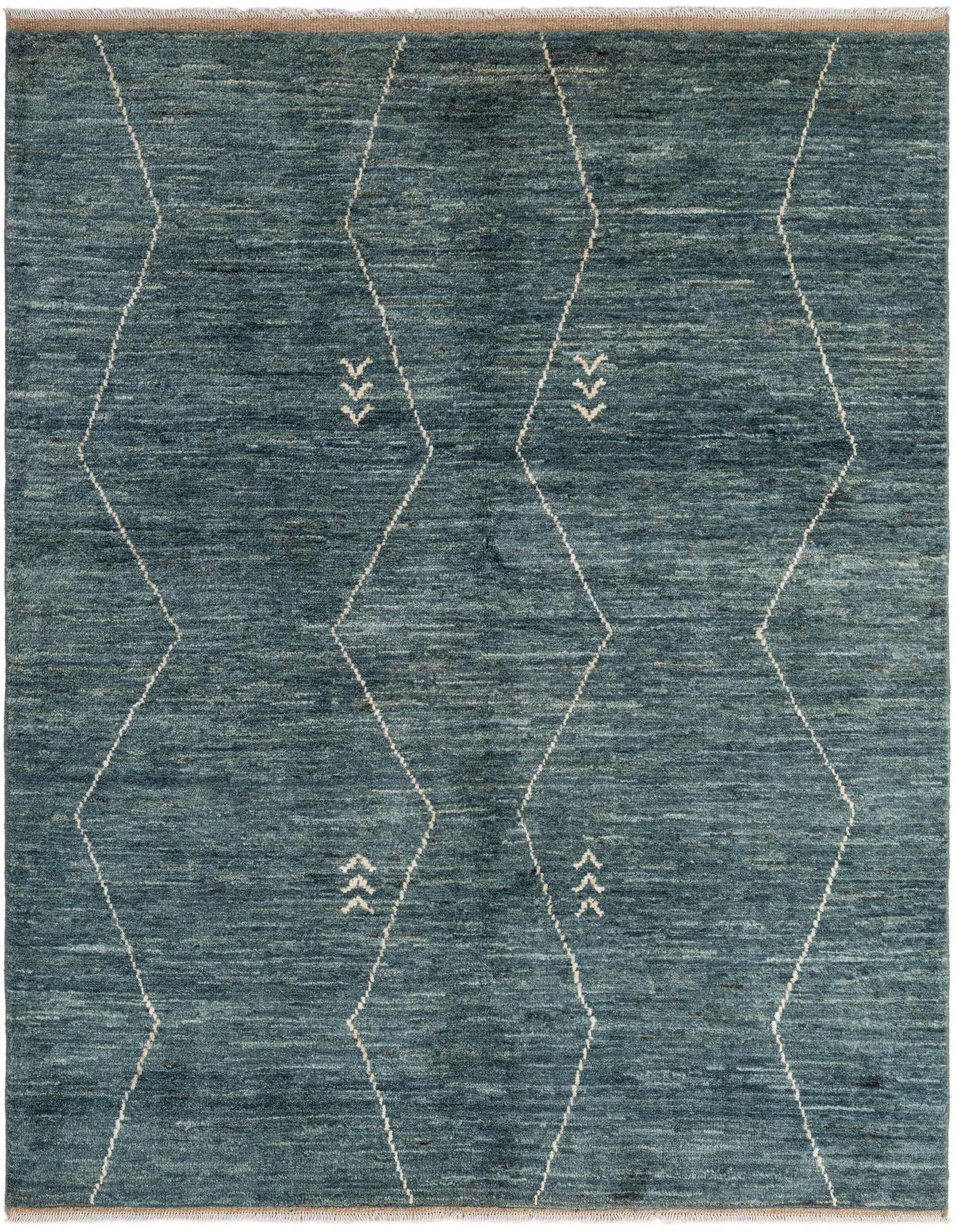 A 5x7 rectangular blue wool rug with a modern geometric diamond pattern and small arrow motifs, suitable for an indoor living space.