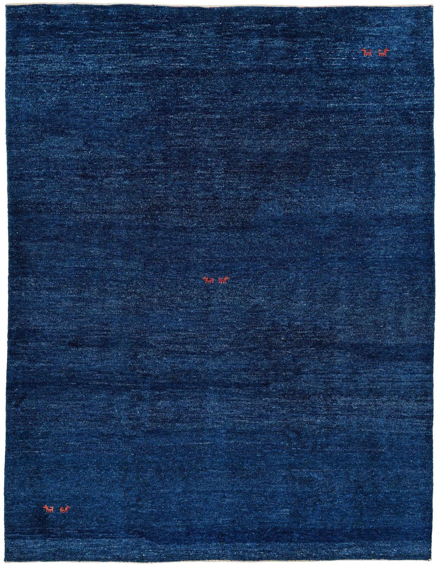 A 6x9 rectangular Gabbeh Shouli rug in deep blue sheep virgin wool with small, scattered orange modern motifs.