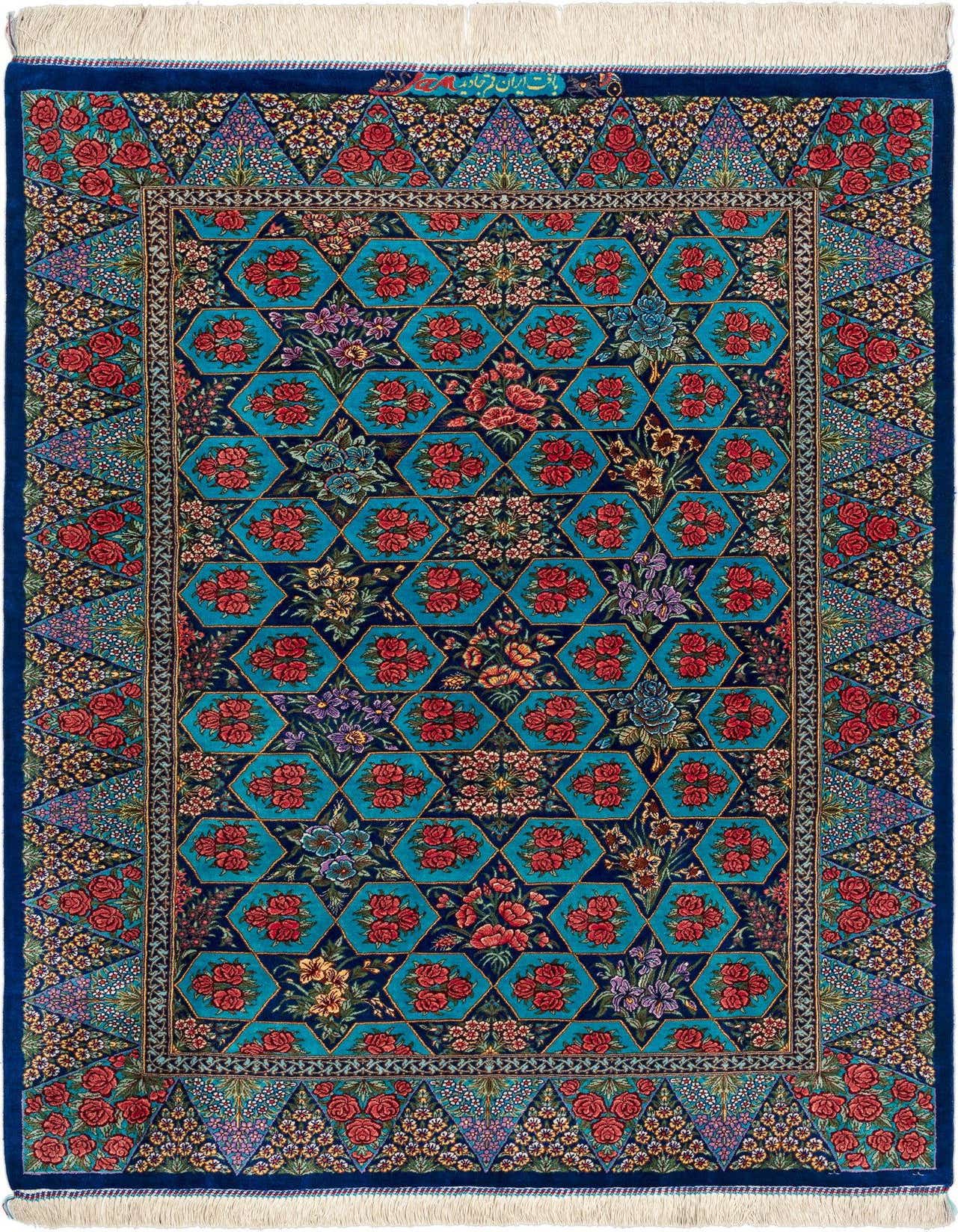 A 3x5 rectangular Ghom Silk rug featuring a traditional Persian pattern with red roses and floral motifs on a blue background.
