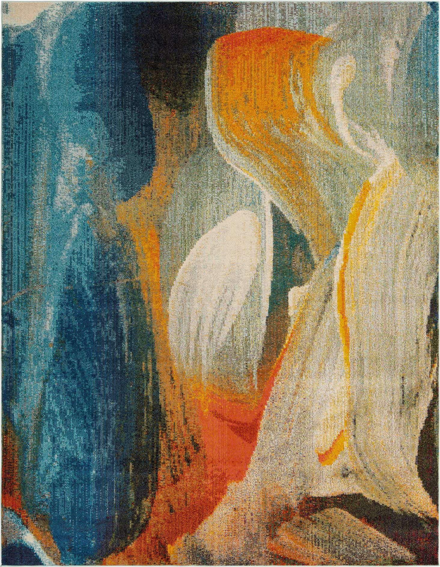 A 9x12 rectangular modern abstract rug featuring a dynamic blend of blues, oranges, and creams, ideal for a living room.