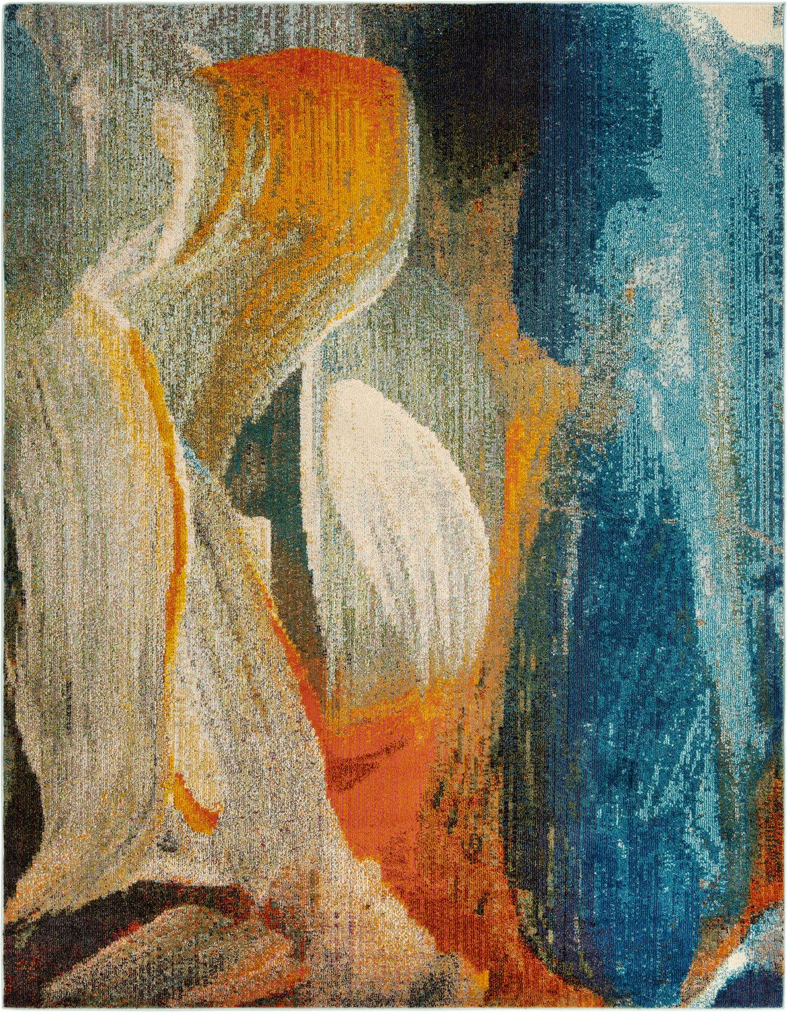 A vibrant 8x10 rectangular rug with an abstract modern pattern in shades of blue, orange, and cream.