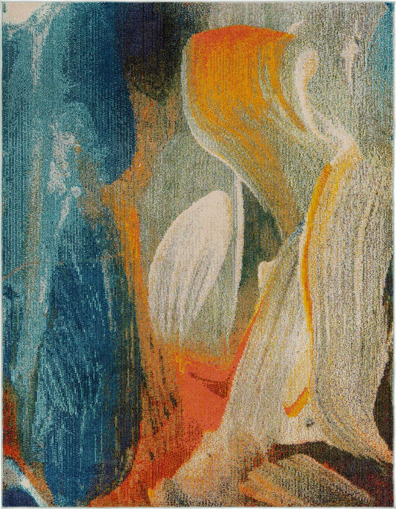 A 5x8 rectangular Haerfest abstract rug in vibrant blues, oranges, and creams, perfect for a modern living space.