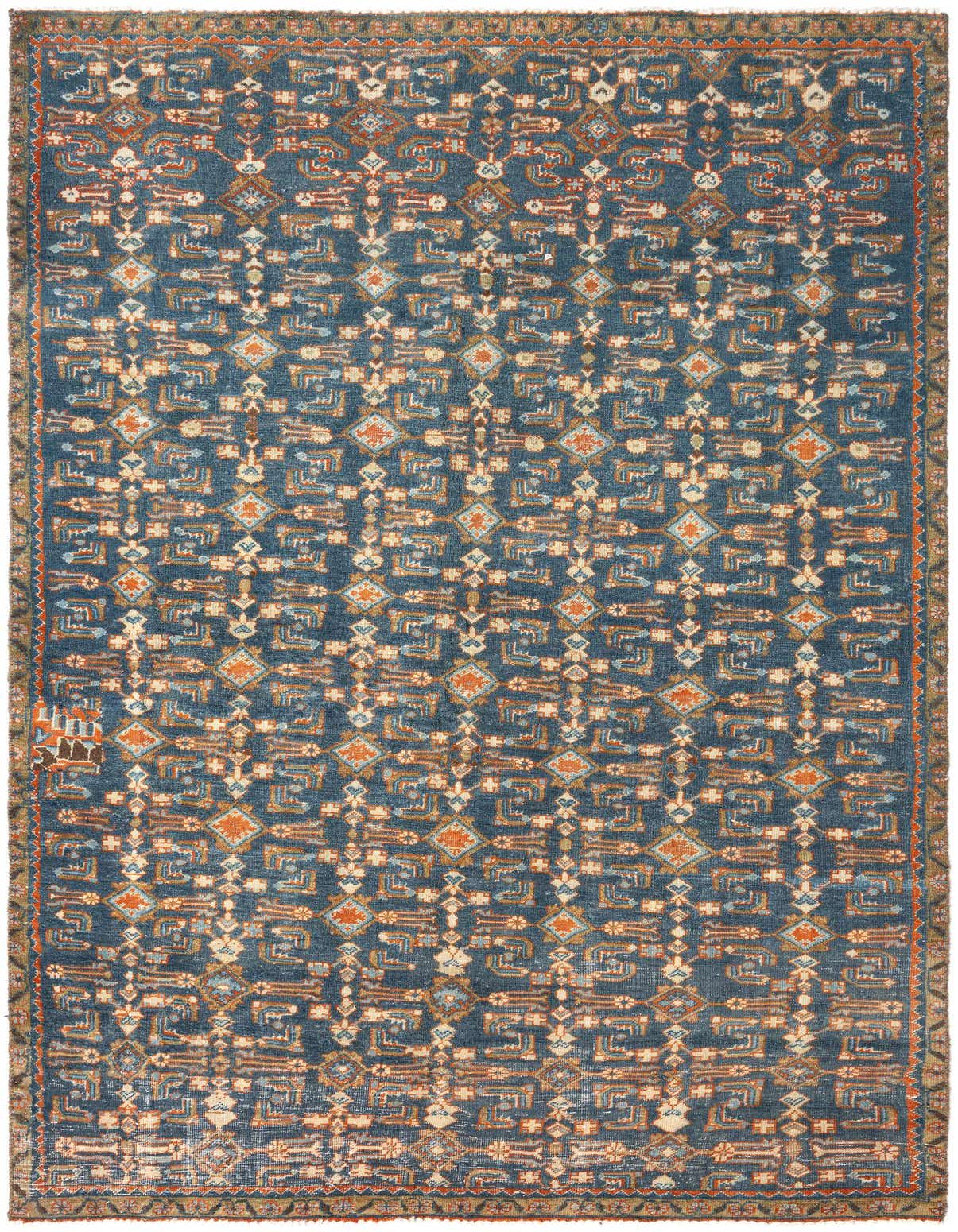 A rectangular 5x8 Hamedan rug featuring a dense tribal Persian pattern in shades of blue, orange, and cream.