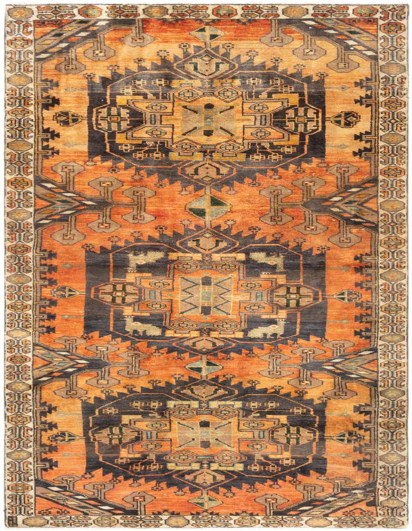 A rectangular 3x5 Hamedan rug featuring a traditional tribal pattern in shades of blue, orange, and beige.