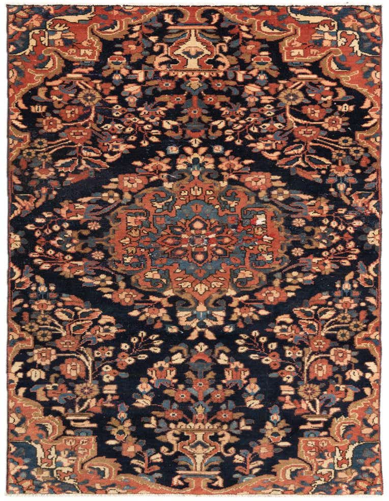 A 3x5 rectangular Hamedan wool rug featuring a traditional tribal pattern in deep blues, rust, and beige.