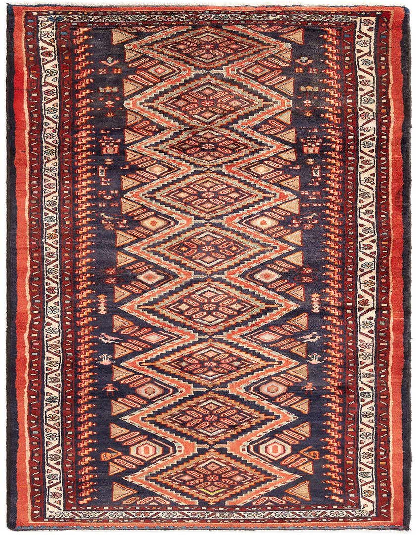 A 3x5 rectangular Hamedan wool rug featuring a traditional tribal pattern in deep blues and warm oranges, suitable for an entryway.