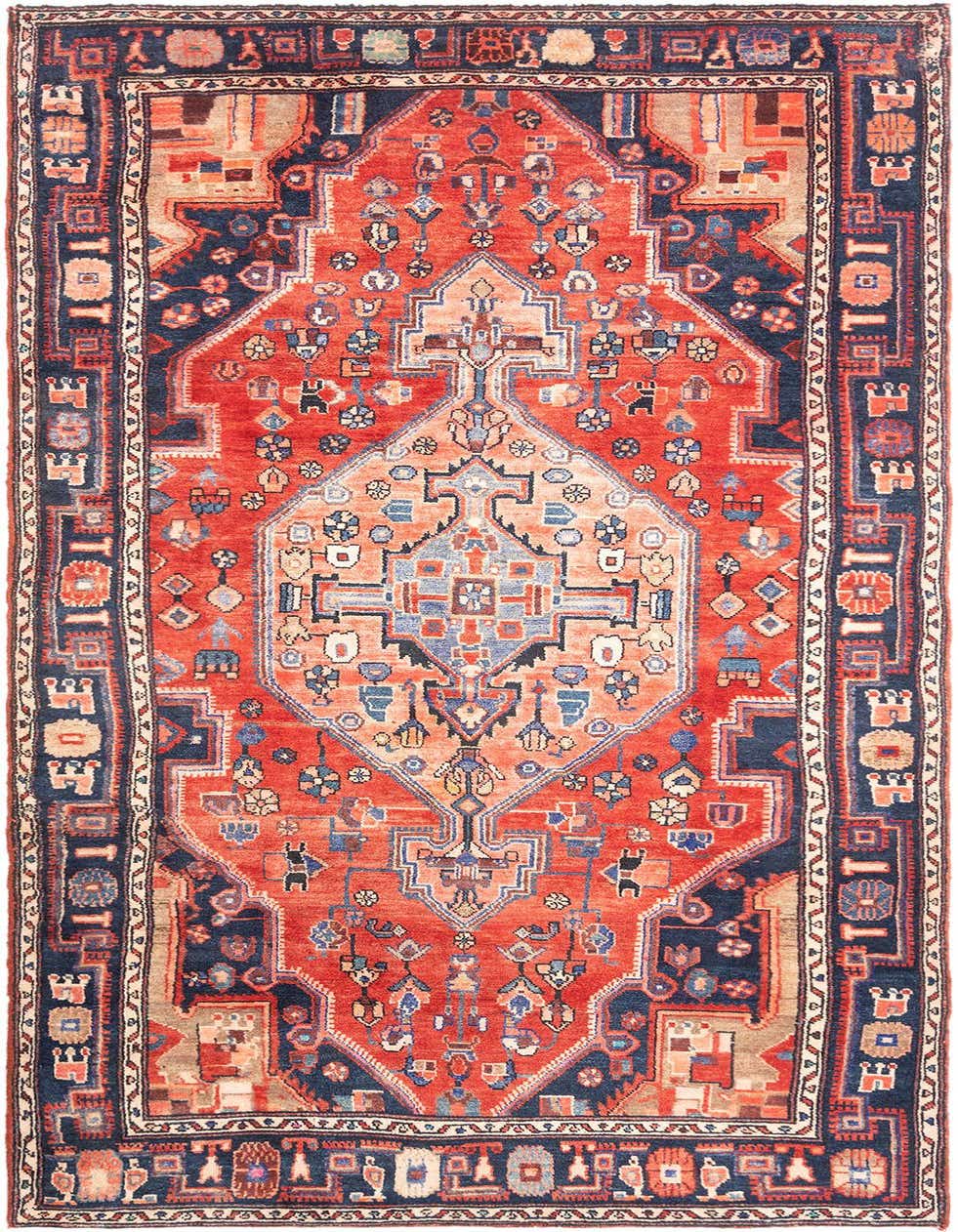 A 3x5 rectangular Hamedan wool rug featuring a traditional tribal pattern in deep blues, reds, and creams.