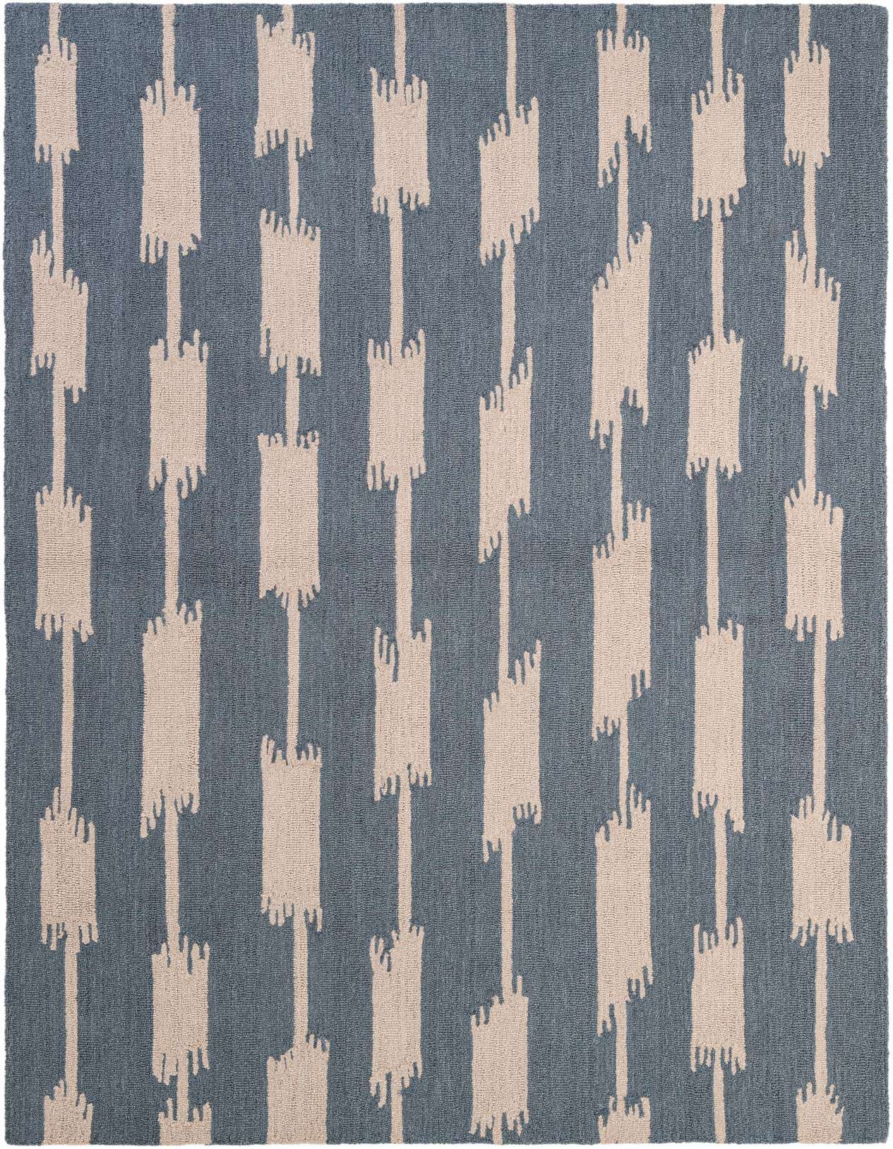 A 5x8 rectangular blue wool rug with a modern abstract pattern of vertical beige chain-link shapes.