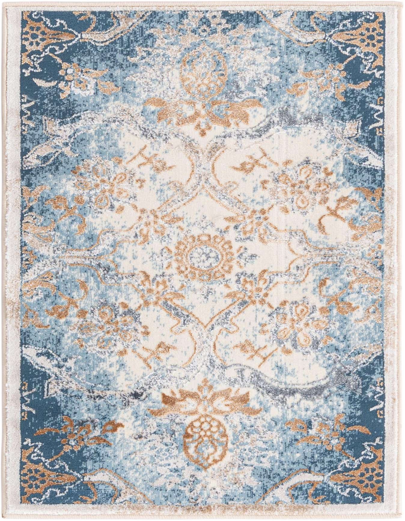 A 2x3 rectangular Highbury rug featuring a distressed traditional floral pattern in shades of blue, cream, and gold.