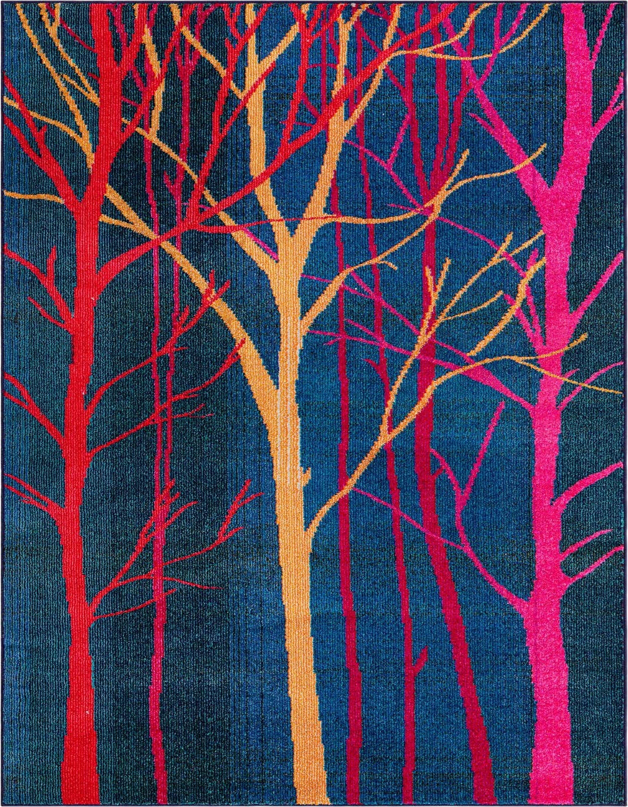 A 5x8 rectangular area rug featuring an eclectic, modern forest design with orange, red, and pink trees on a dark blue background.