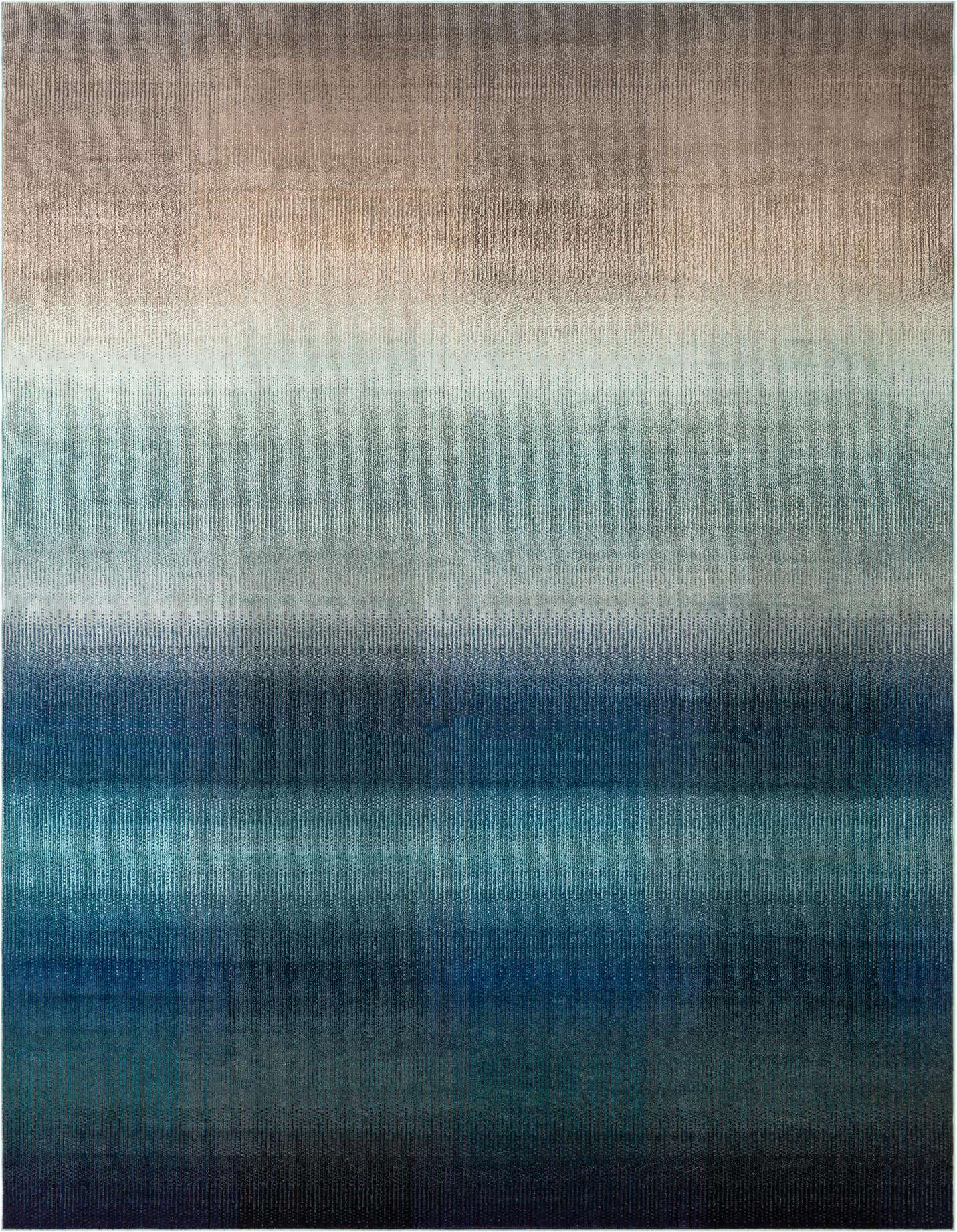 A 9x12 rectangular Hyacinth rug featuring an abstract gradient from light beige to deep blues, ideal for a modern living room.