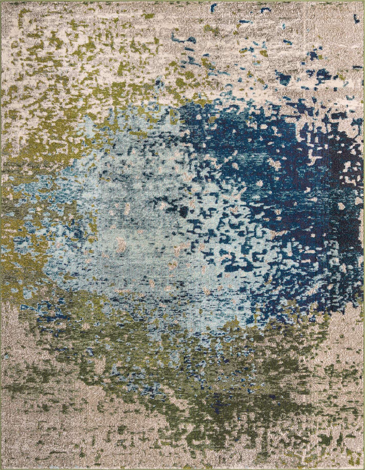 A 7x10 rectangular modern abstract rug featuring a blend of blues, greens, and grays, ideal for a living room.
