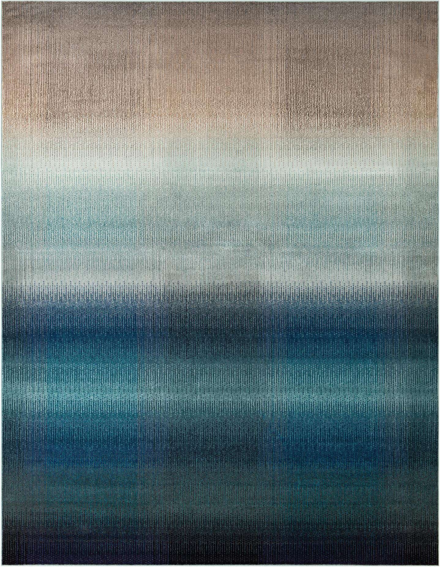 An 8x11 rectangular area rug featuring an abstract, coastal-inspired design with horizontal bands of varying blue tones, transitioning from light sky blue to deep navy, with a hint of sandy beige at the top.