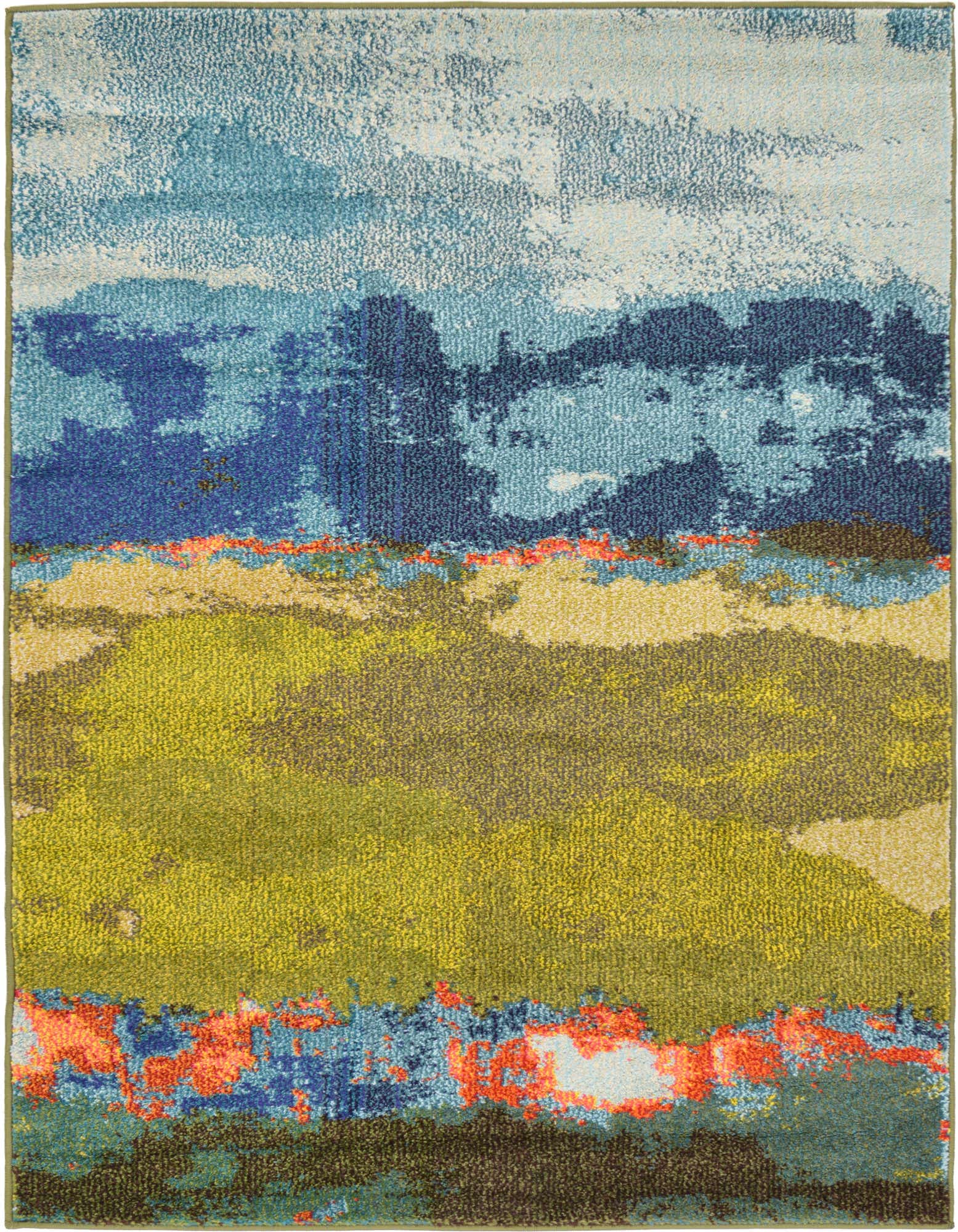 A 3x5 rectangular Rugs.com Hyacinth rug featuring an abstract botanical pattern in shades of blue, green, and orange, suitable for a kitchen or entryway.