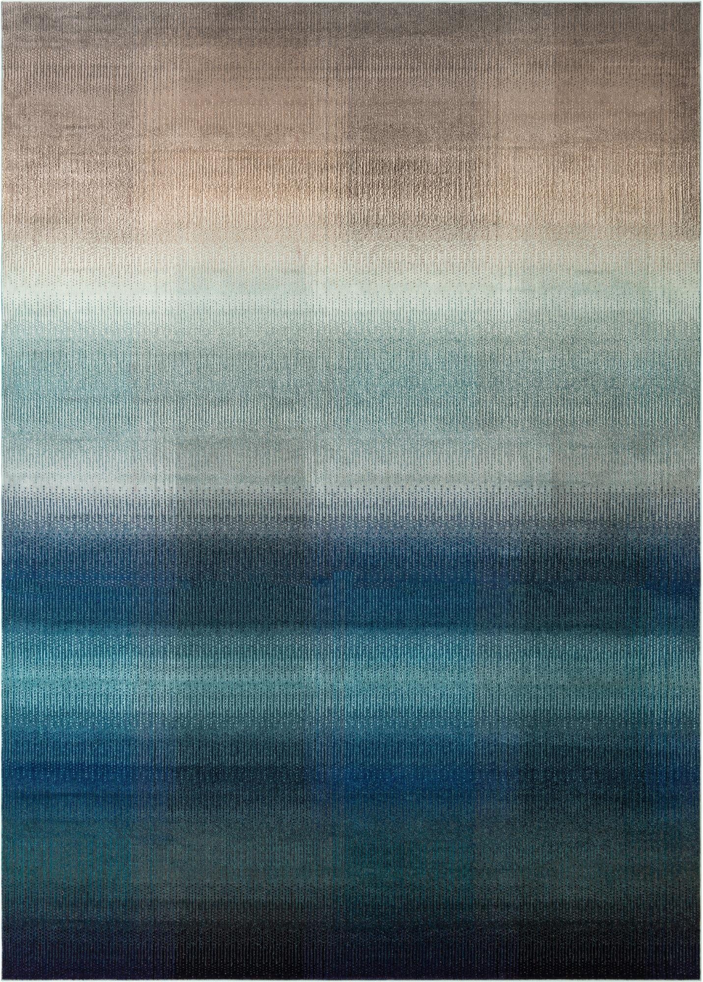 A 9x12 rectangular Hyacinth rug featuring an abstract gradient from light beige to deep blues, ideal for a modern living room.