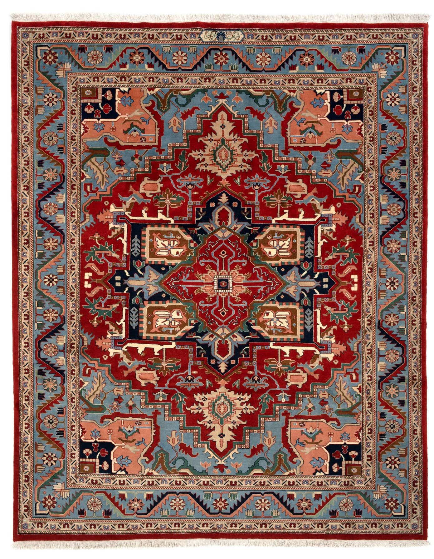 An 8x11 rectangular Indo Tabriz Persian rug with a complex red, blue, and multi-colored medallion pattern.