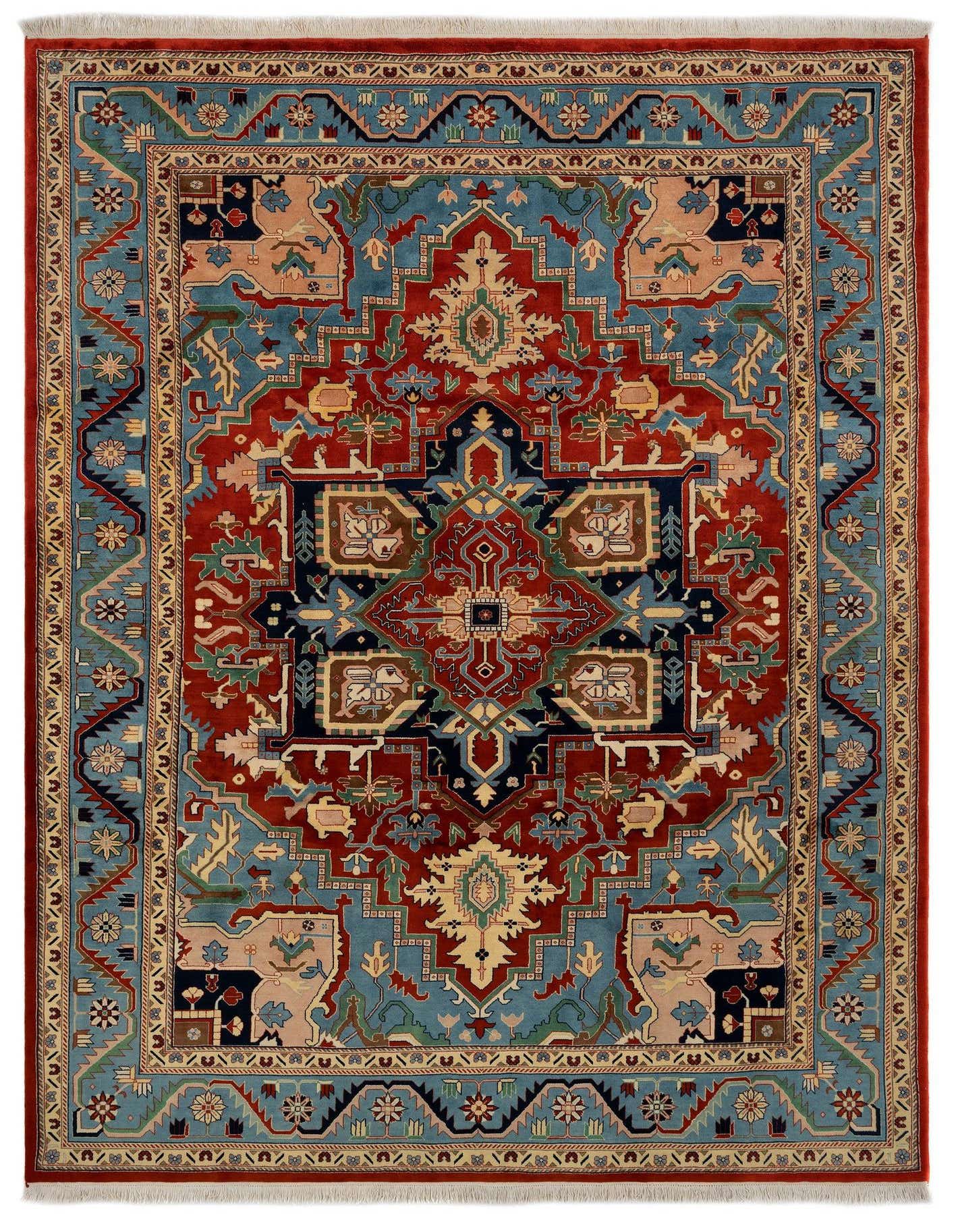 A rectangular 8x11 Indo Tabriz Persian rug with a central medallion in deep red, surrounded by intricate blue, beige, and green traditional patterns, and a red border.