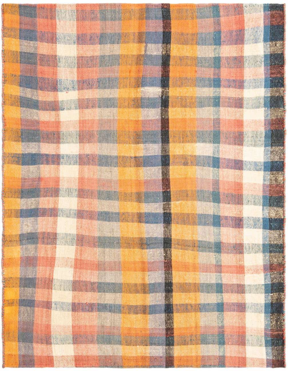 A 4x6 rectangular Jajim rug with a colorful plaid pattern in shades of blue, orange, red, and cream.
