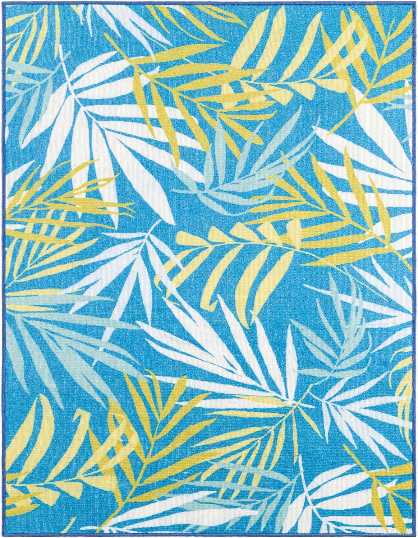 A 4x6 rectangular blue rug with a vibrant tropical leaf pattern in white, light blue, and yellow, suitable for indoor or outdoor spaces.