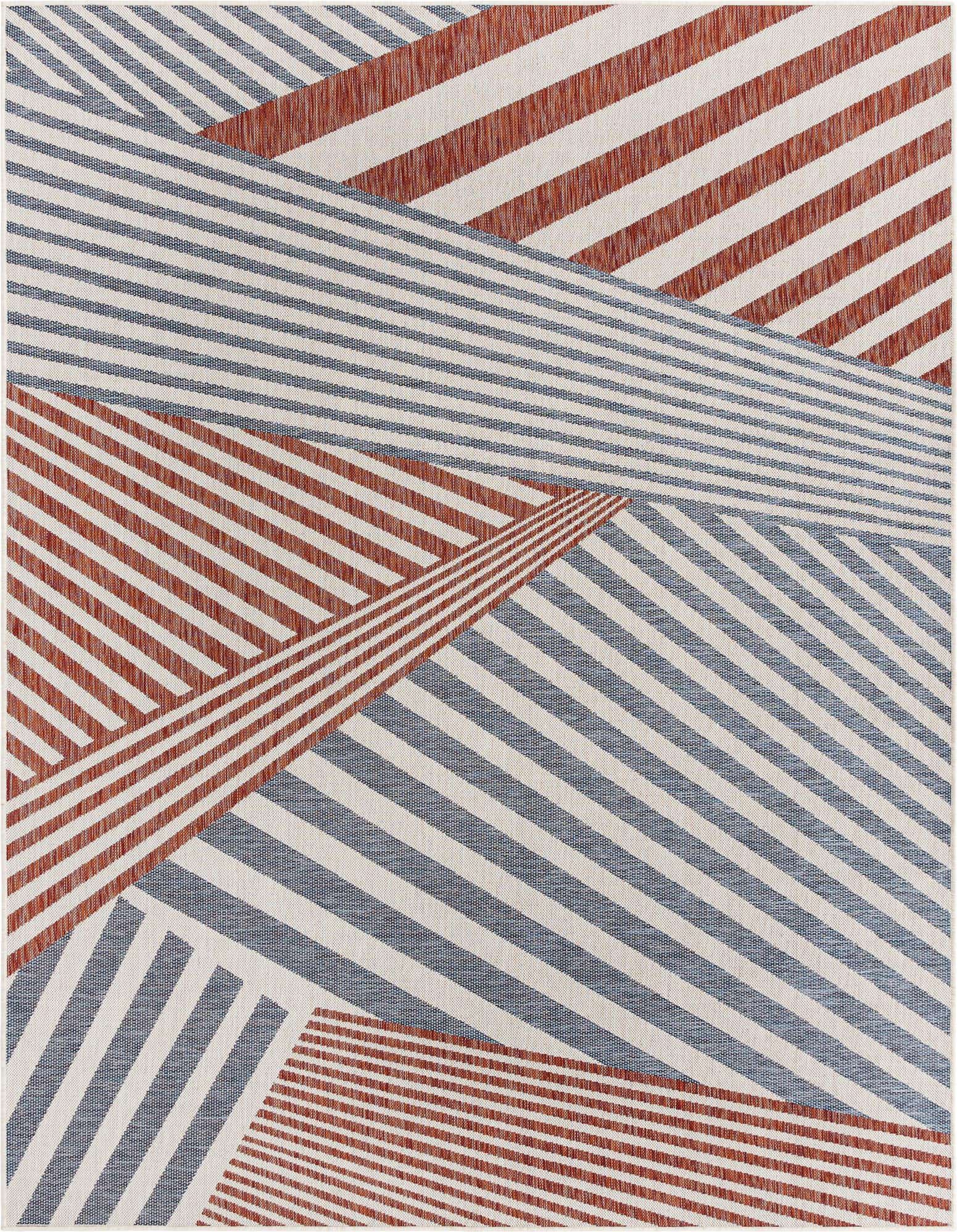 An 8x10 rectangular indoor/outdoor rug featuring a modern eclectic stripe pattern in shades of blue and terracotta.