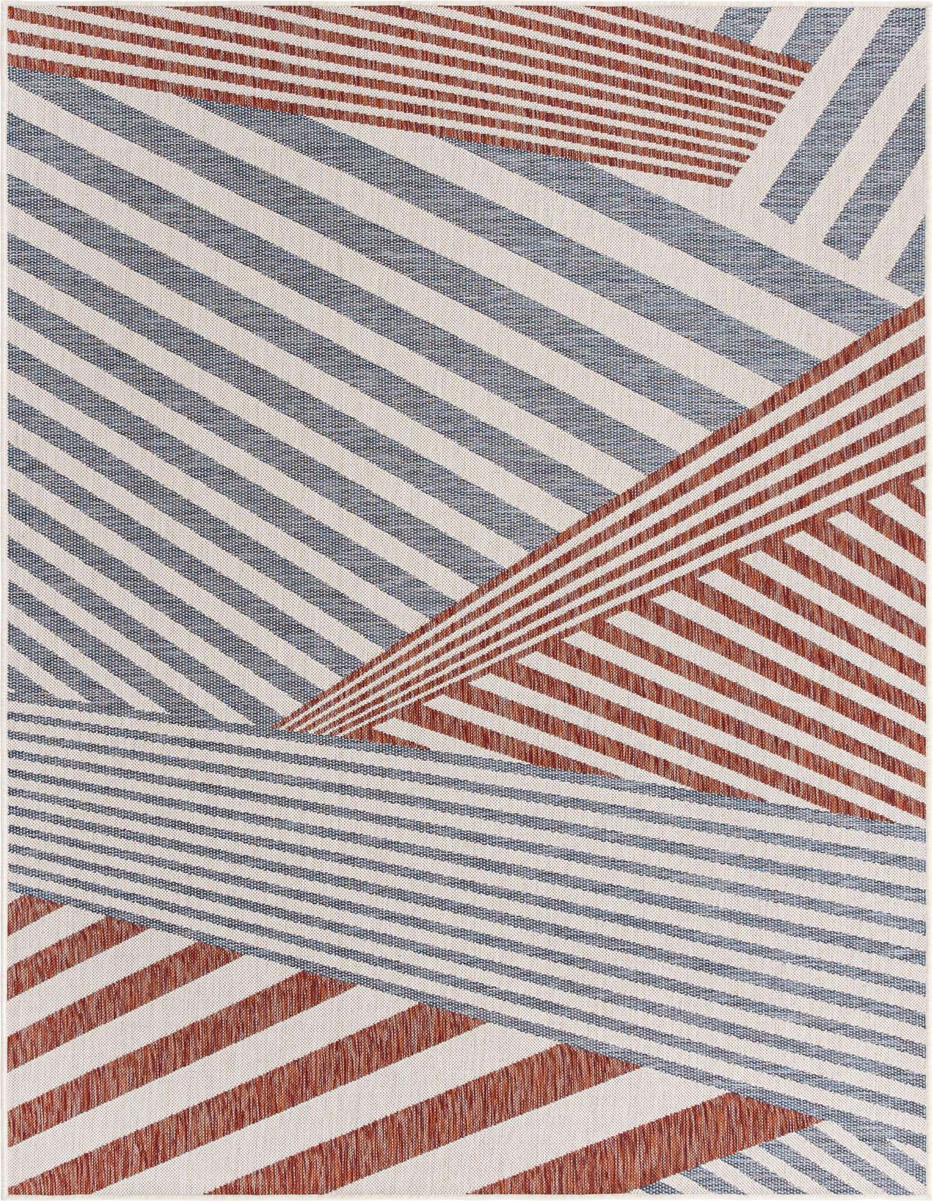 A 6x9 rectangular indoor/outdoor rug featuring a modern eclectic stripe pattern in shades of blue and terracotta.