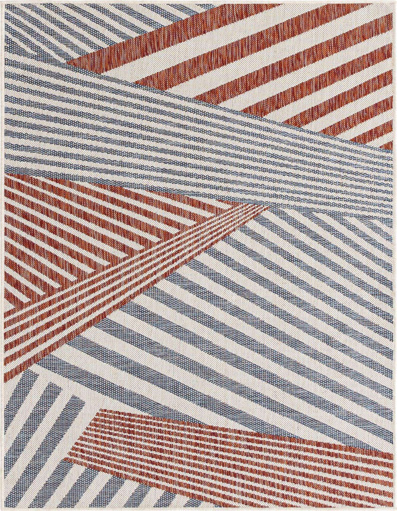 A 4x6 rectangular indoor/outdoor rug featuring an eclectic modern stripe pattern in various shades of blue and terracotta on a cream background.