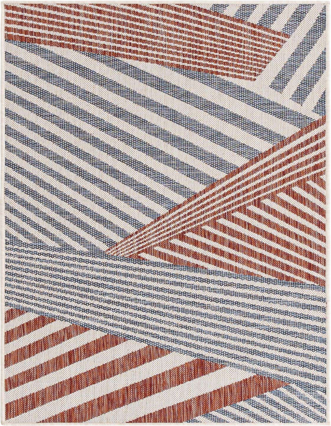 A 3x5 rectangular Jill Zarin Outdoor rug featuring an eclectic modern stripe pattern in shades of blue and terracotta on a light background, suitable for indoor or outdoor use.