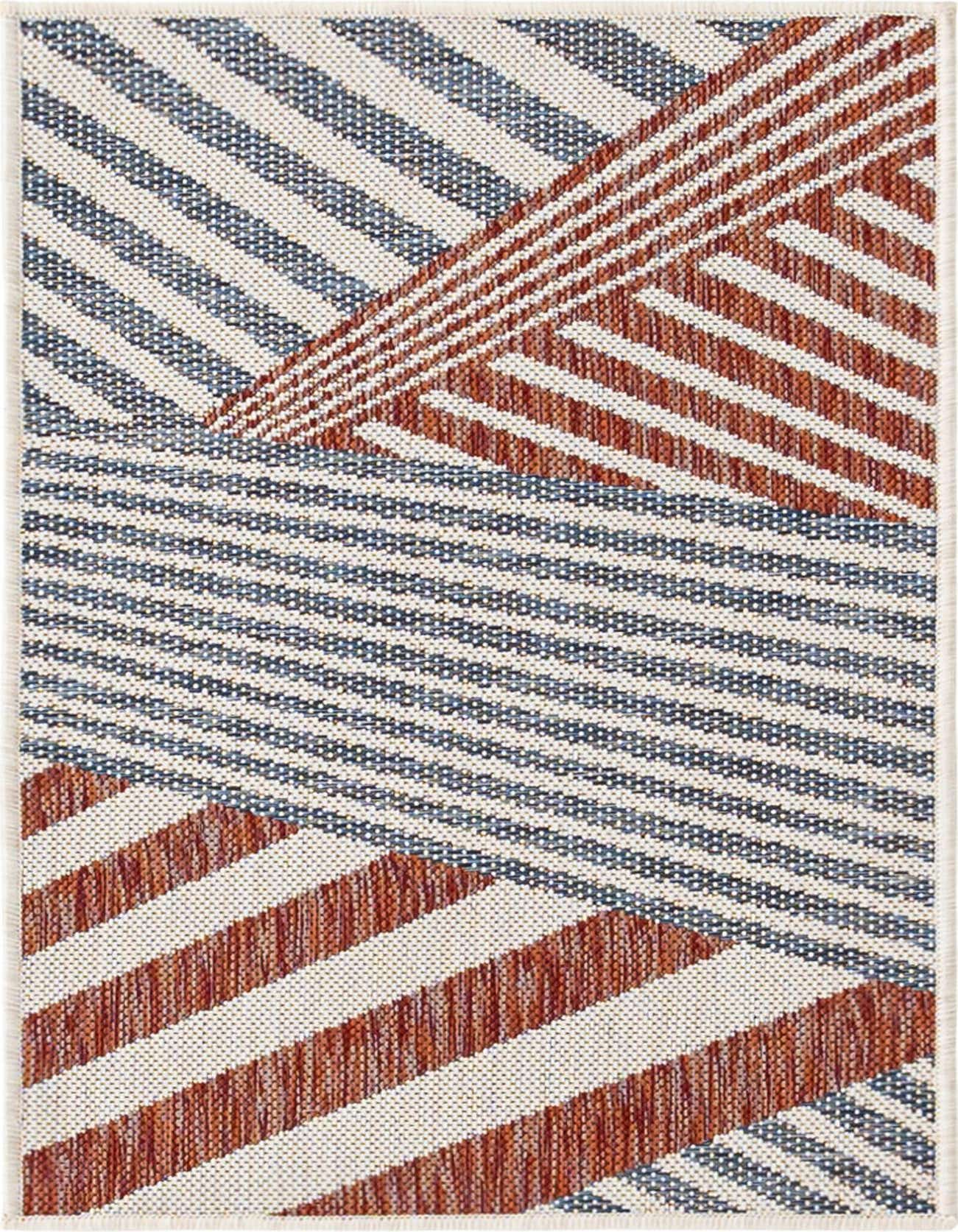 A 2x3 rectangular Jill Zarin Outdoor rug featuring an eclectic modern stripe pattern in shades of blue and terracotta.