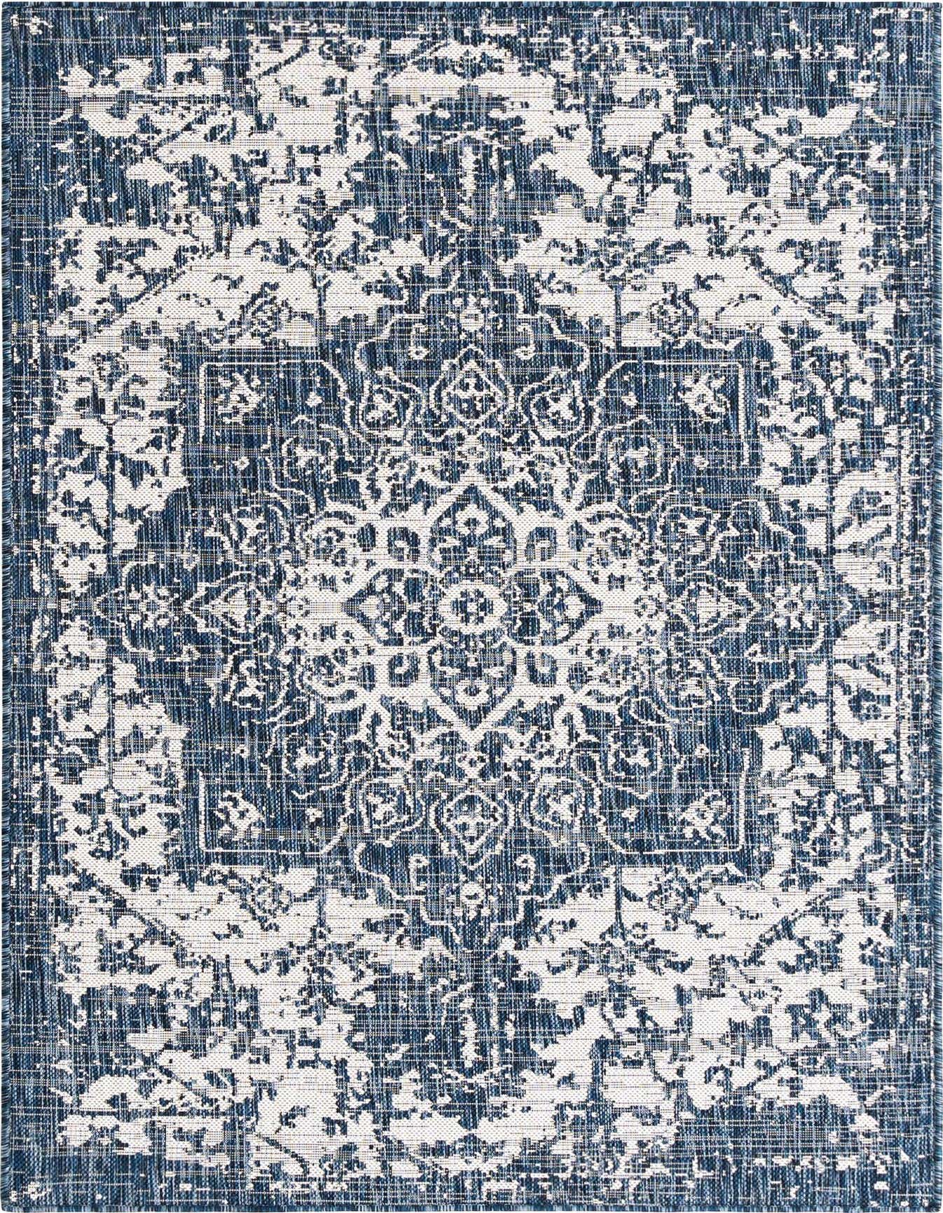 A 4x6 rectangular blue and white indoor/outdoor rug featuring a distressed Mediterranean medallion pattern, ideal for a patio or living room.