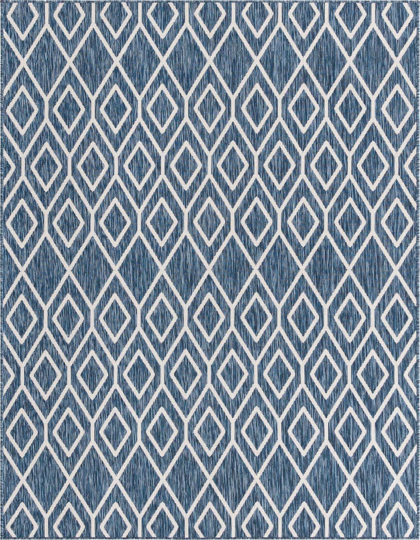 A 6x9 rectangular blue and white indoor/outdoor rug with a modern geometric trellis pattern, perfect for a patio or living room.