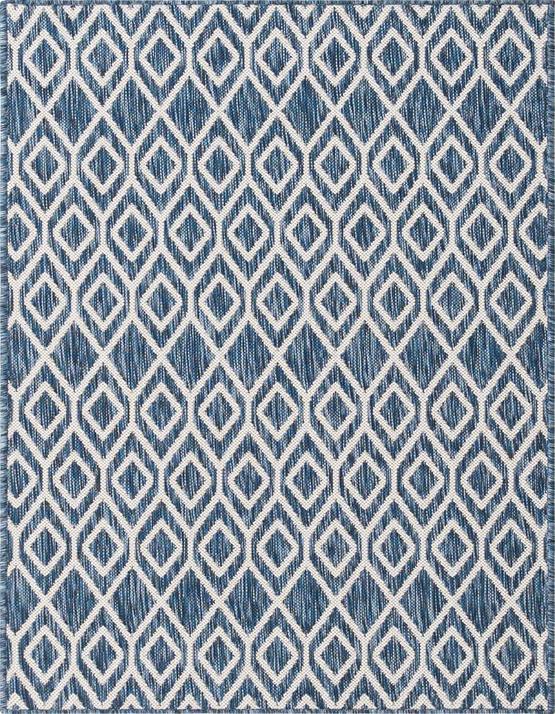 A 3x5 rectangular blue and white indoor/outdoor rug with a modern trellis pattern, suitable for a patio.