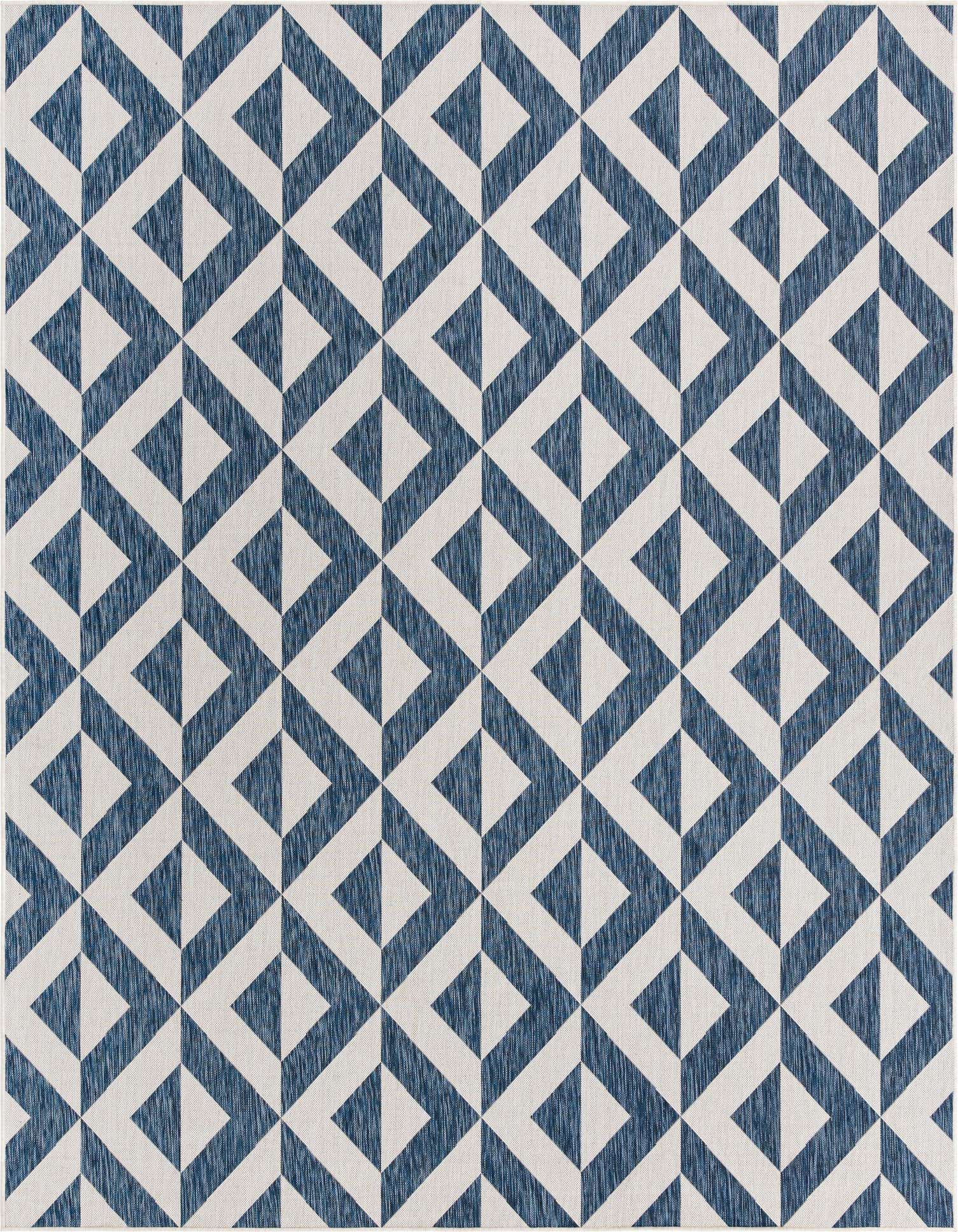 A 9x12 rectangular indoor/outdoor rug featuring a repeating geometric trellis pattern in varying shades of blue and white.