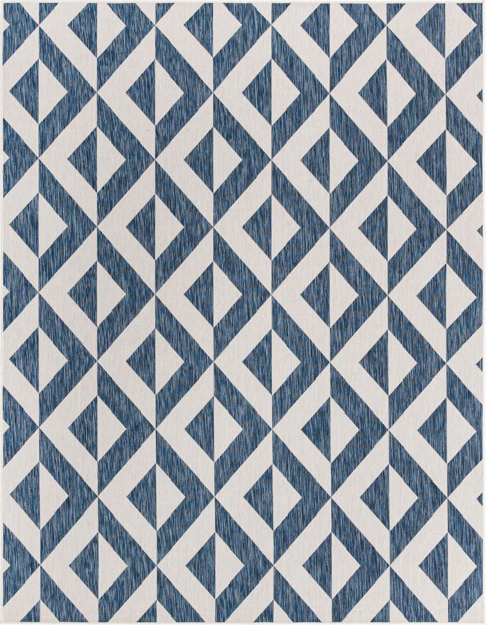An 8x10 rectangular blue and white indoor/outdoor rug with a modern geometric trellis pattern.