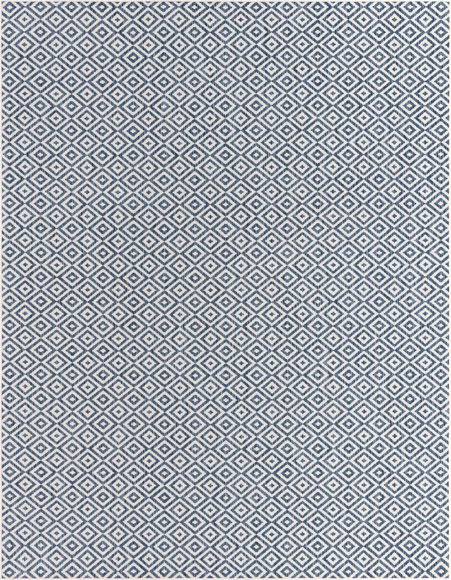 A 9x12 rectangular indoor/outdoor rug featuring a repeating blue and white geometric trellis pattern, ideal for a living room or patio.