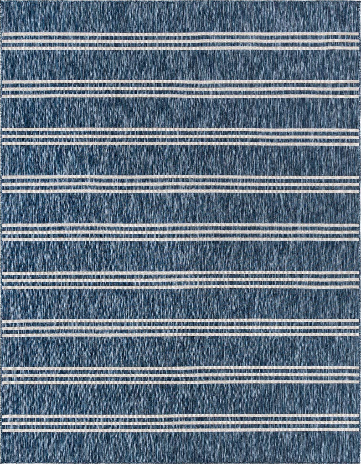A 9x12 rectangular blue indoor/outdoor rug with thin white horizontal stripes, featuring a textured flatweave.