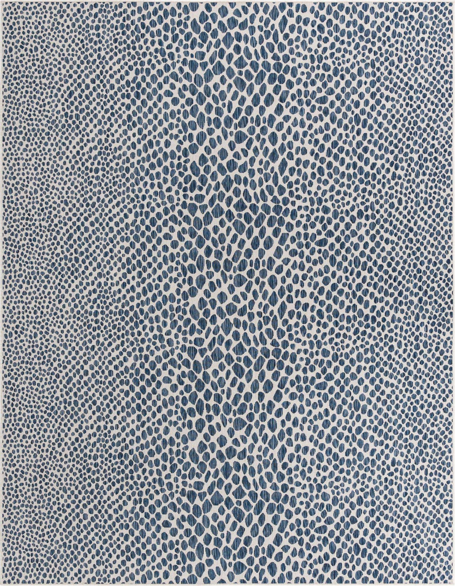 A 9x12 rectangular indoor/outdoor rug featuring a modern blue and white abstract zebra-like pattern, ideal for a living room or patio.