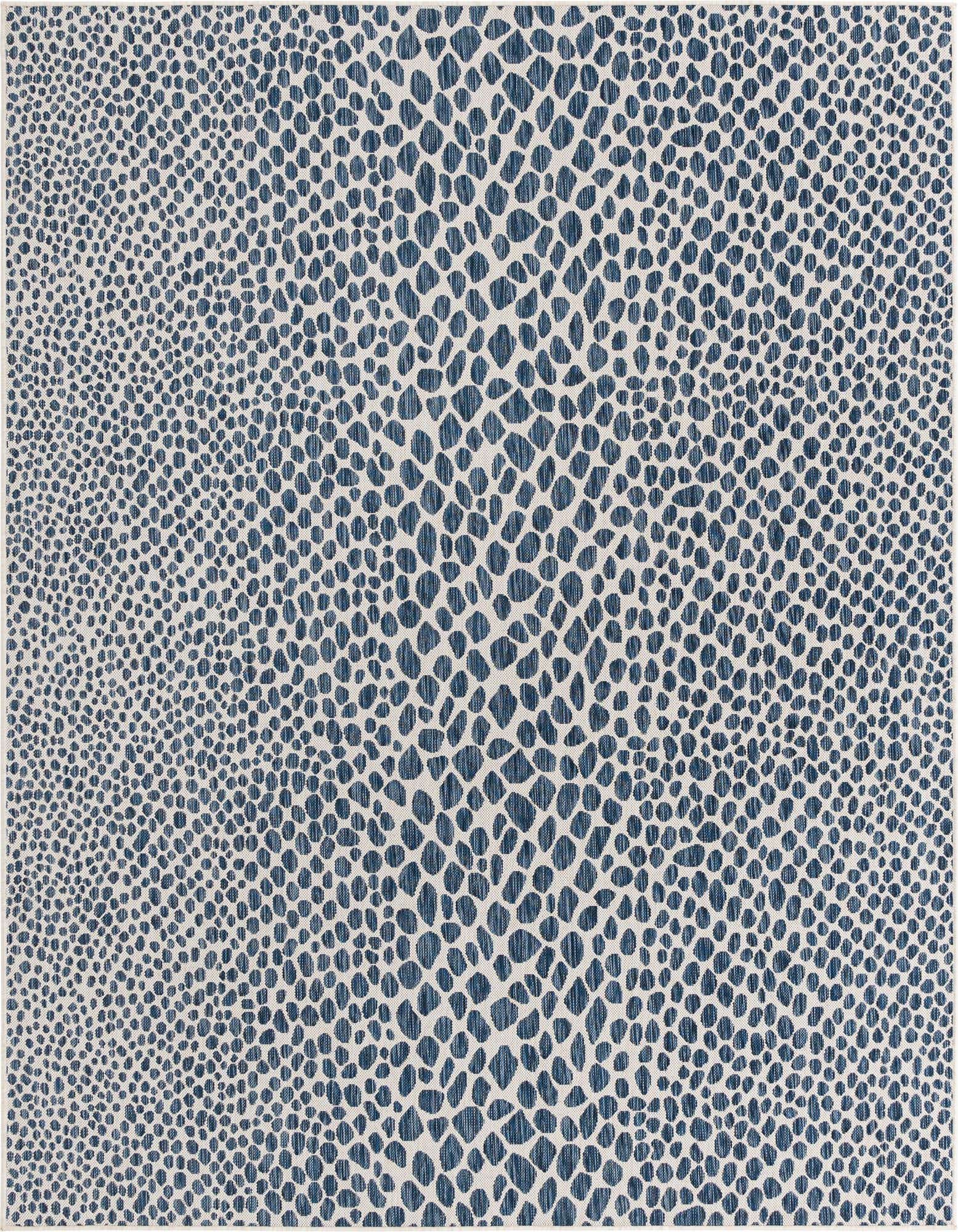 An 8x10 rectangular indoor/outdoor rug featuring a modern blue and white abstract zebra pattern.
