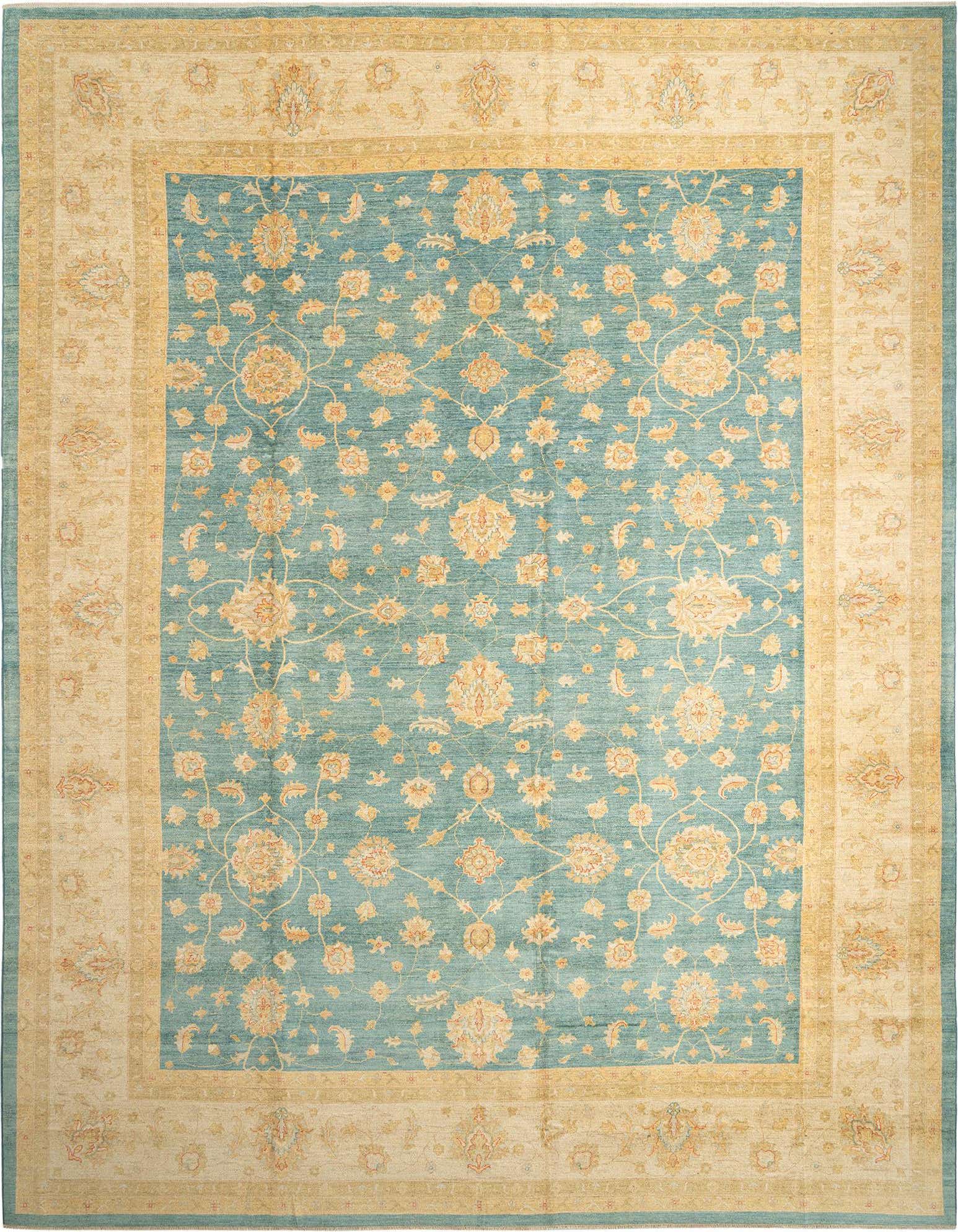 A large 12x16 rectangular Persian rug with a blue field and intricate gold floral patterns, framed by a wide gold border.